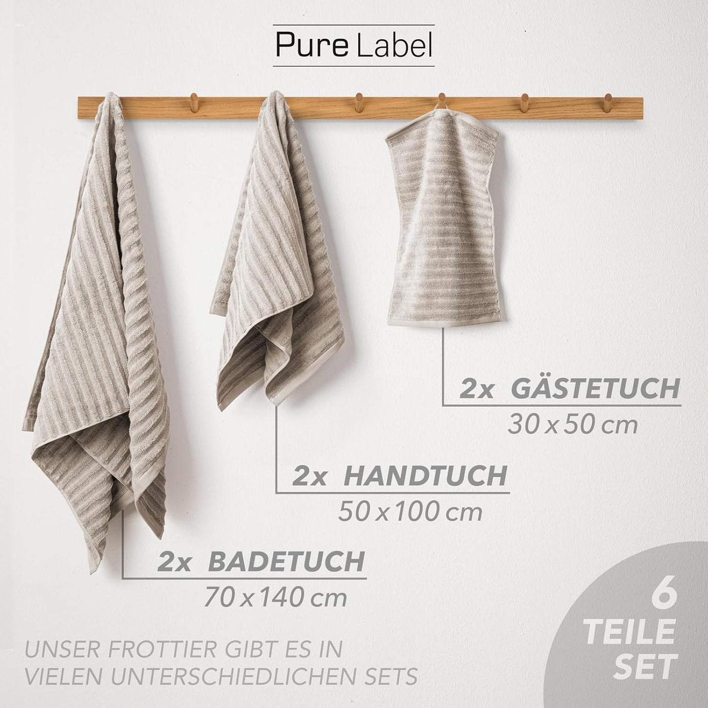 Pure Label 6-teiliges Handtuchset mit Aufhängeschlaufen aus 100 % Baumwolle, saugfähig und weich, 2 x Badetücher (70 x 140 cm), 2 x Handtücher (50 x 100 cm), 2 x Gästetücher (30 x 50 cm), 