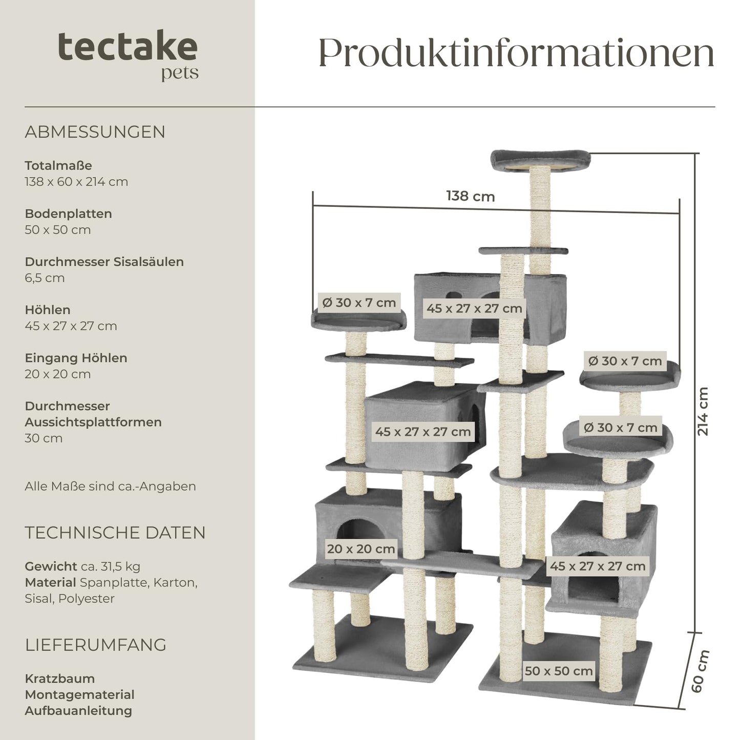 tectake® Katzen Kratzbaum mit Zubehör für Katze groß XXL, Spielturm mit Kratzsäule 