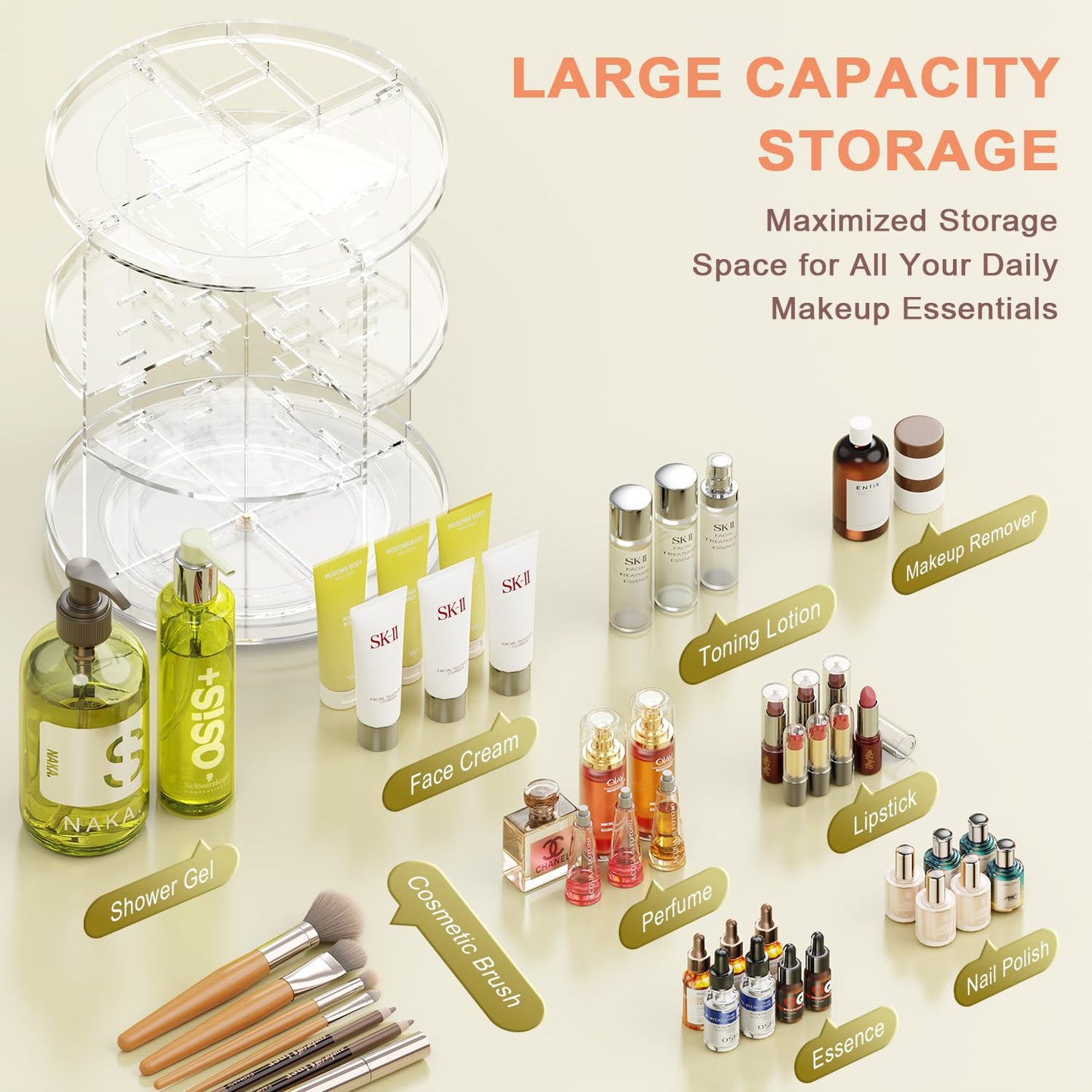Auxmir Schminktisch Organizer mit 9 einstellbaren Stufen, Make Up Organizer 360° Drehbar, Extra Größer Kosmetik Hautpflege Organisieren 
