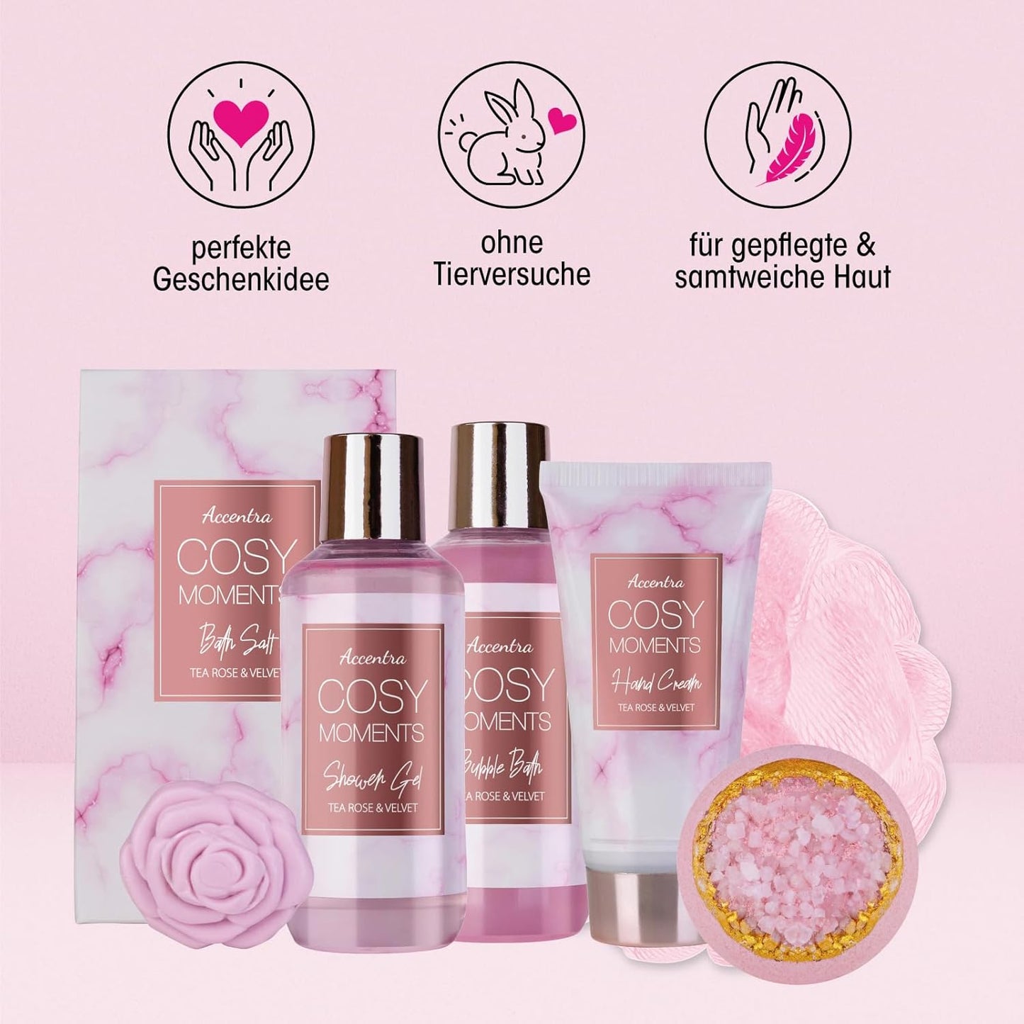 Accentra - COSY MOMENTS Bade- &amp; Duschset in Rosé - Geschenk Set zur Entspannung für Frauen zum Geburtstag 