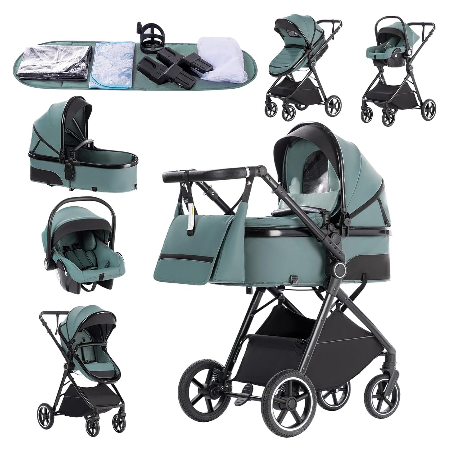 3-in-1 Kinderwagen-Set mit Sitz und faltbarem Babybett, verstellbare Liegeposition, bis 15 kg, 0-3 Jahre 