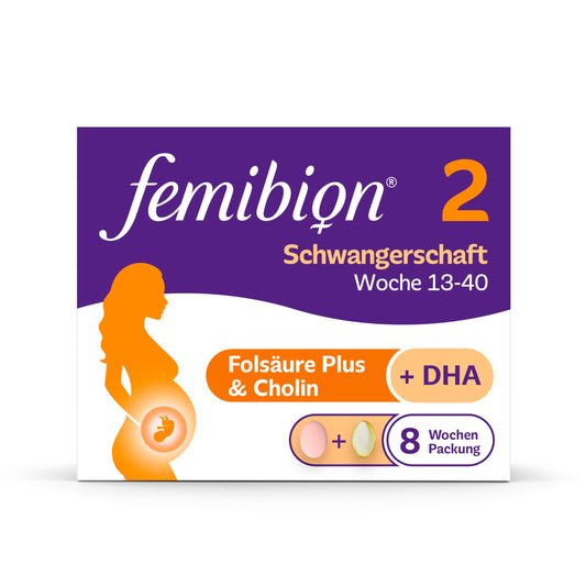 Femibion ​​2 Schwangerschaft, tägliches Nahrungsergänzungsmittel für SSW 13-40, mit Folsäure Plus (*3), Cholin, DHA, 4-Wochen-Packung, 2 x 28 Stück 