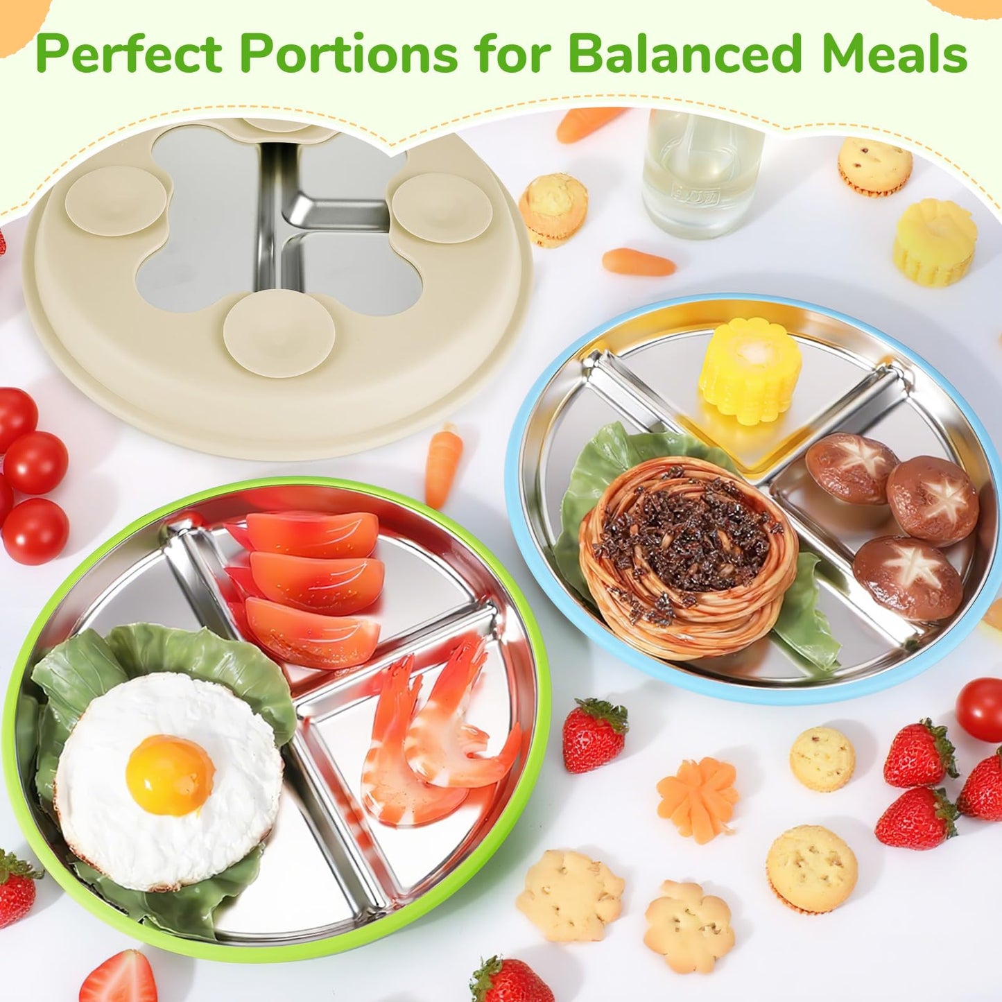Geschirrset, 6-teilig: Edelstahl-Babyteller mit Saugnapf, 2 Breischalen, 1 Babyschale und 2 Löffelgabeln 