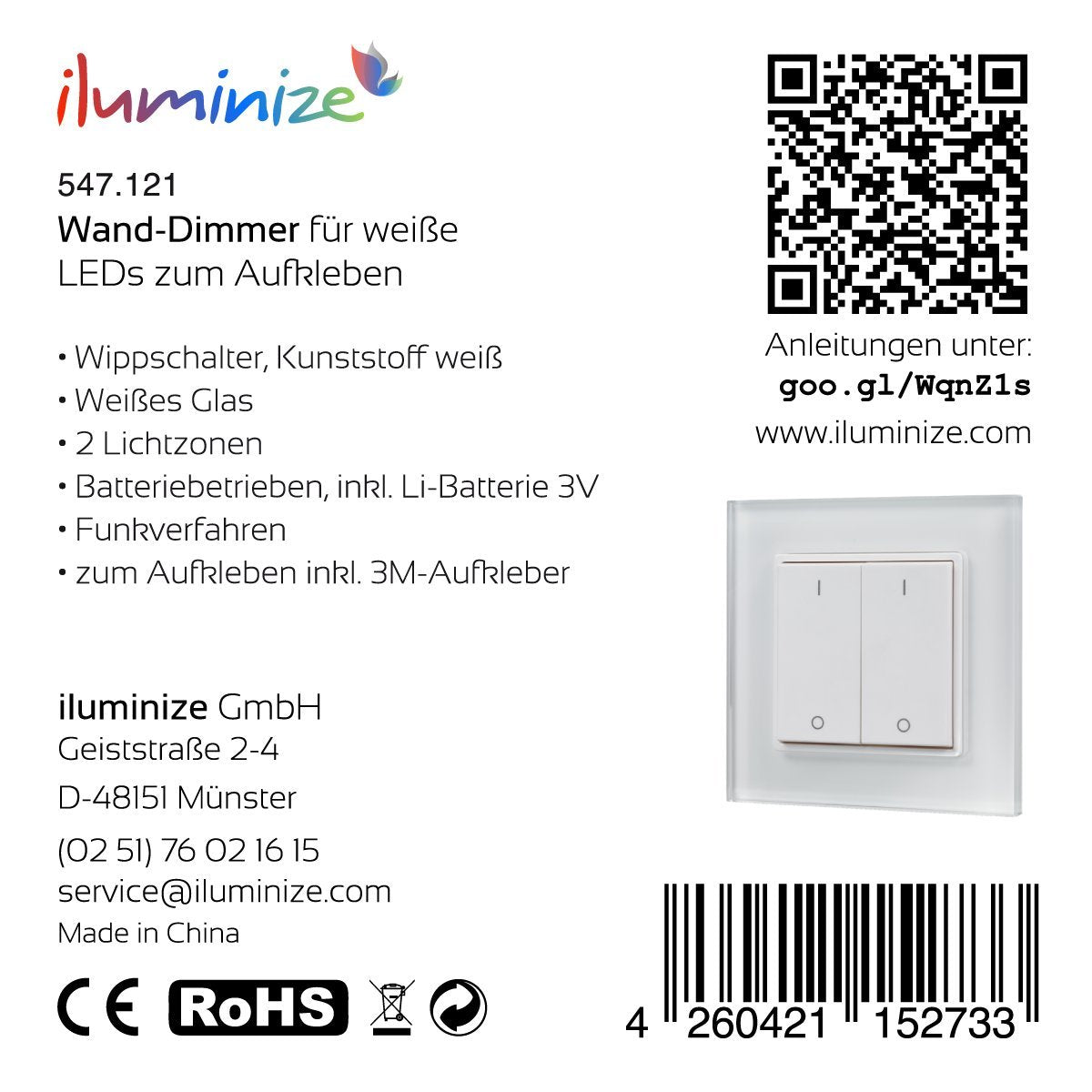 iluminize Design Wand-Dimmer Funk: mit Wippschalter zur Steuerung von weißen LEDs, 2 Zonen 