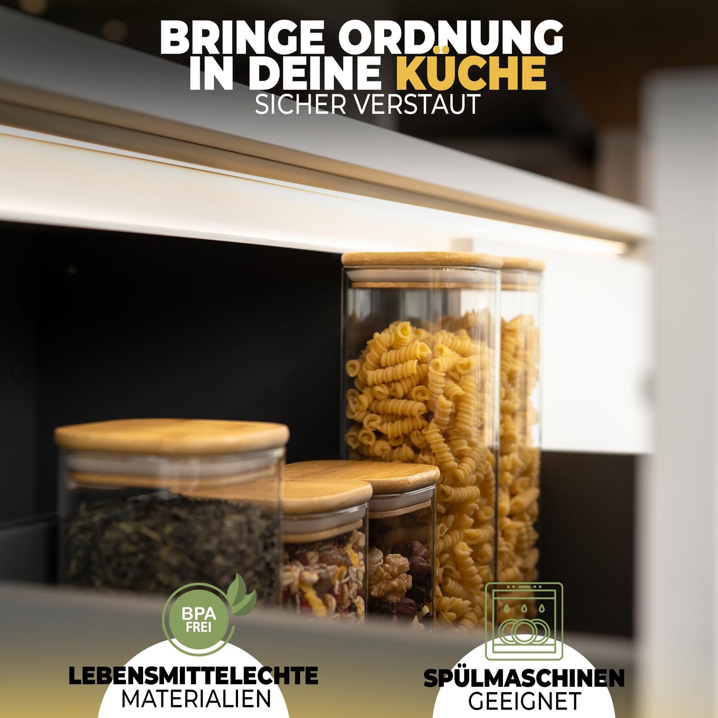 Aufbewahrungsbox Küche für alle Lebensmittel, Küchen Organizer, Vorratsgläser mit Deckel, Eckig - 12er Set, Erhöhte Glasstärke 