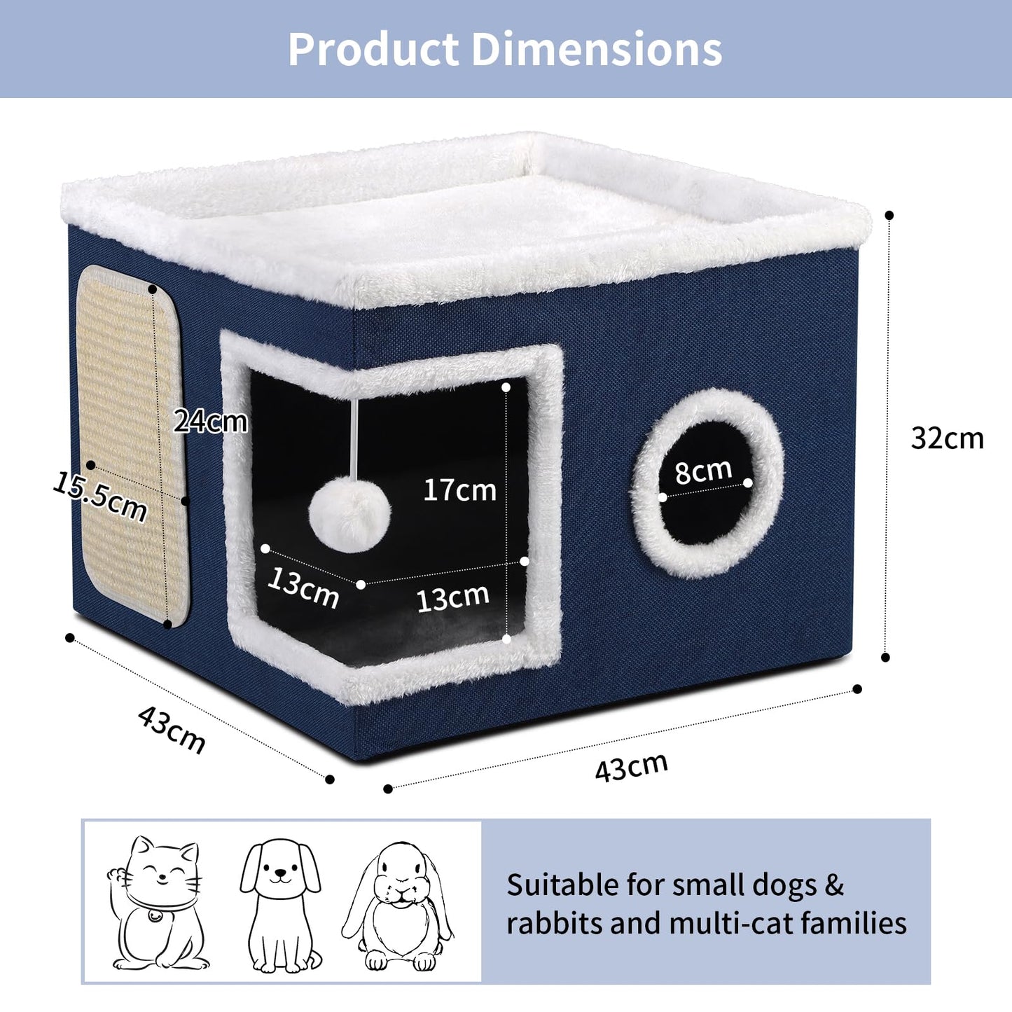 Faltbares Katzenhaus, mit Kratzbrett und Spielball, Katzenhaus Höhle für kleine und mittlere Haustiere 