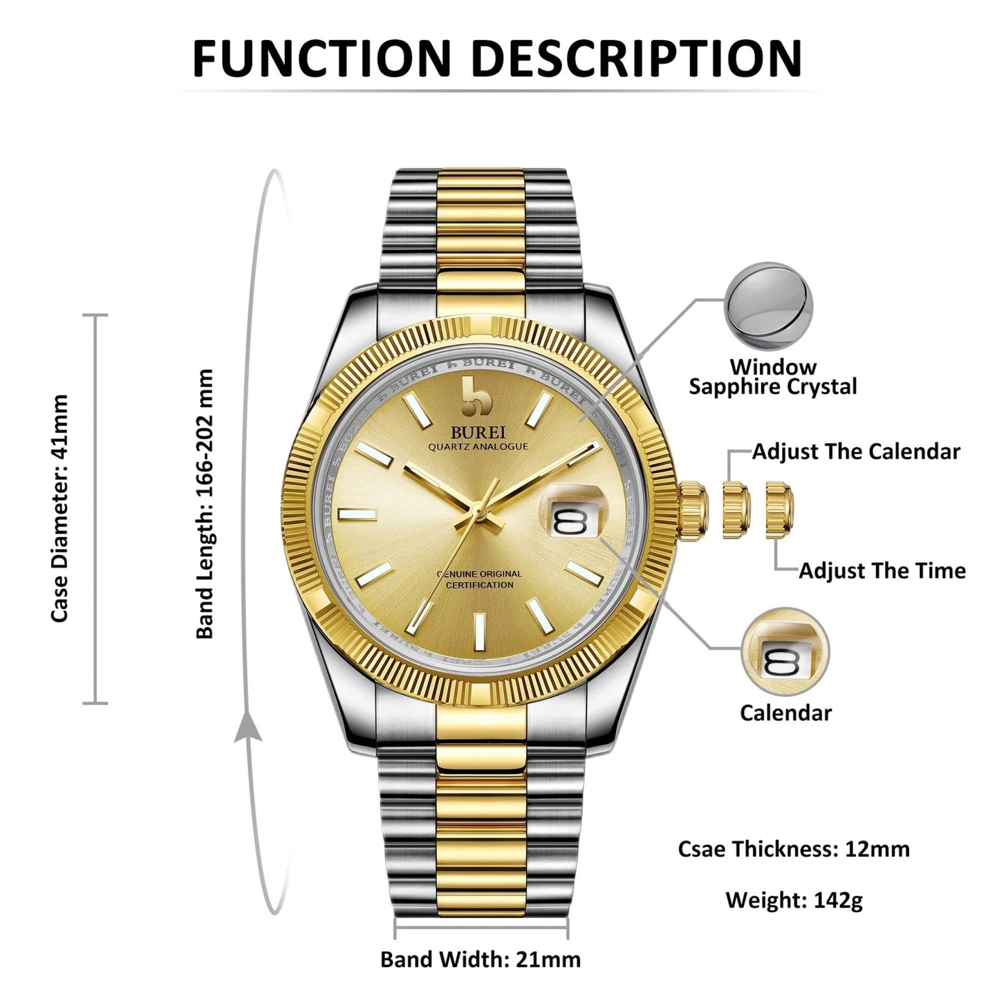 BUREI Herren Uhren Quarz Armbanduhr Datumsanzeige Saphirglas Objektiv mit Zwei Tönen Edelstahlband