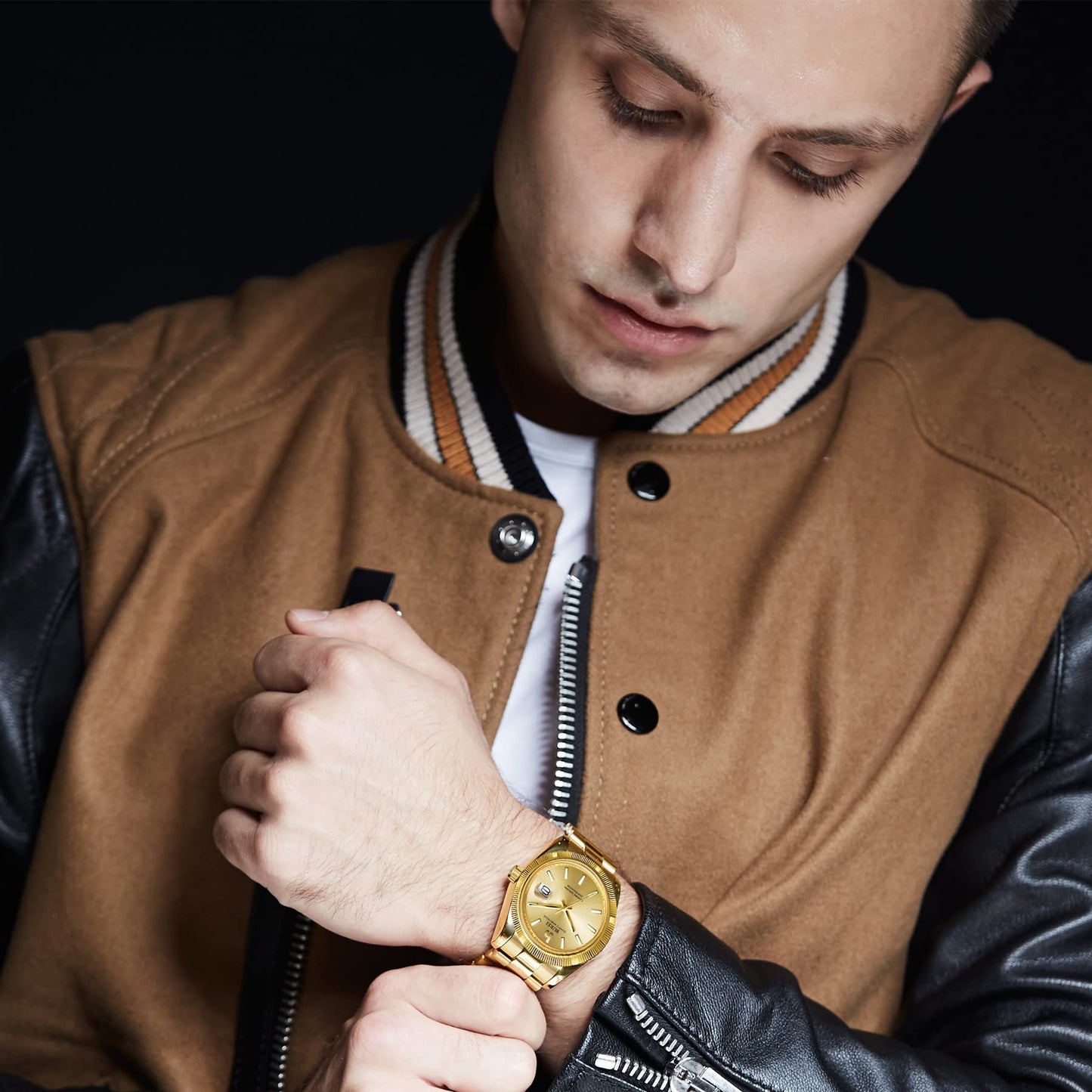 BUREI Herren Uhren Quarz Armbanduhr Datumsanzeige Saphirglas Objektiv mit Zwei Tönen Edelstahlband