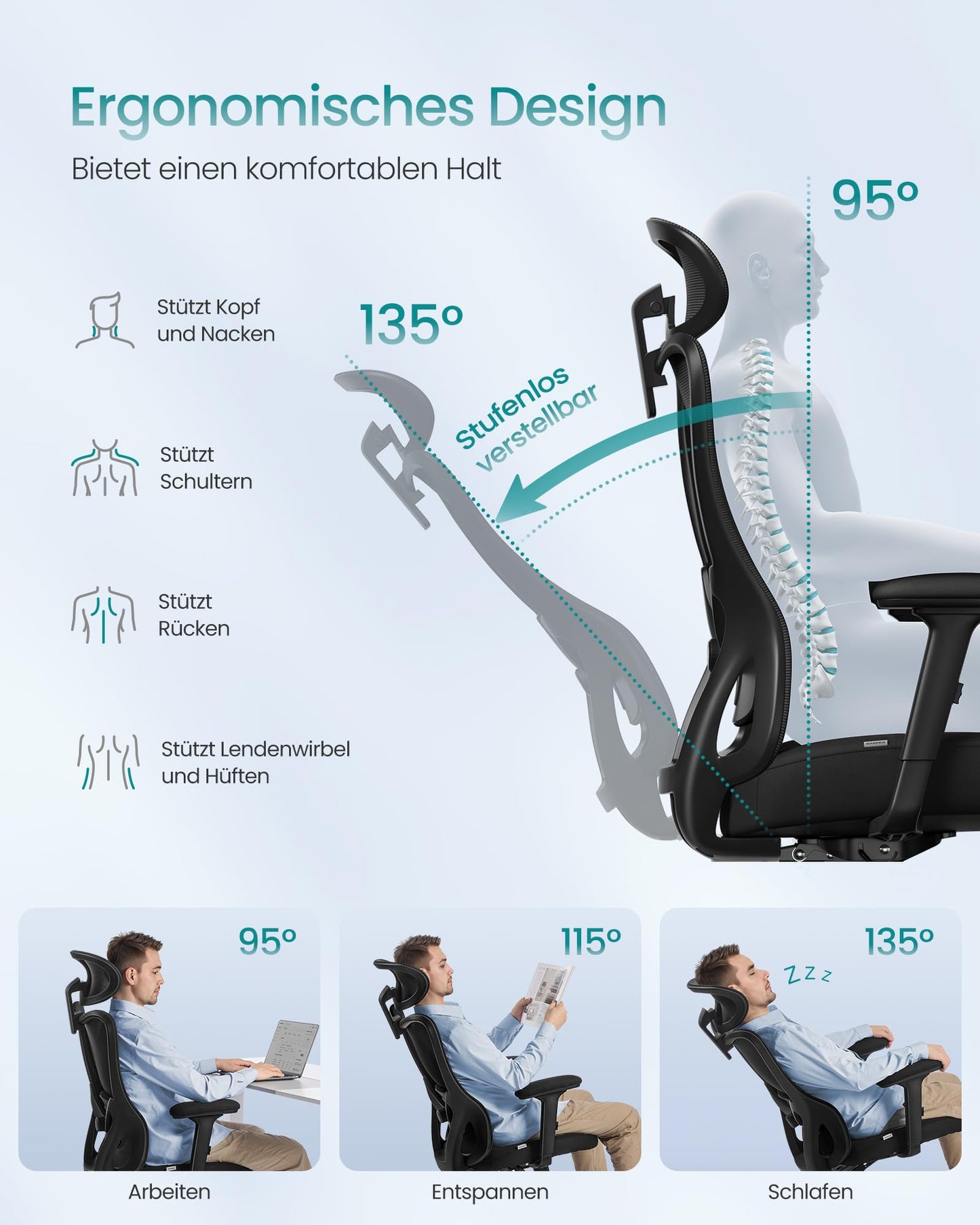 SONGMICS Bürostuhl ergonomisch, Schreibtischstuhl, Computerstuhl, verstellbare Lenden- und Kopfstütze, höhenverstellbar, tintenschwarz