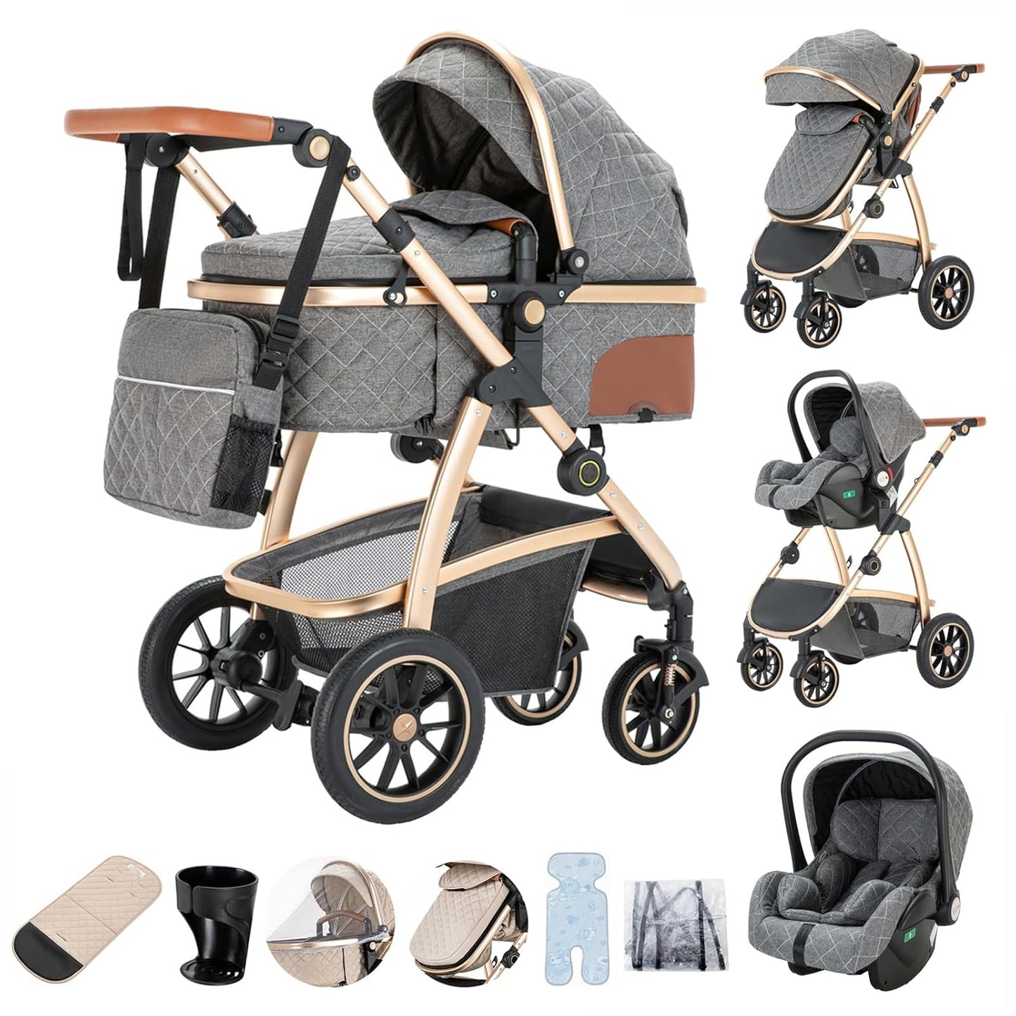 3-in-1 Kinderwagen-Set mit Sitz und faltbarem Babybett, verstellbare Liegeposition, bis 15 kg, 0-3 Jahre 
