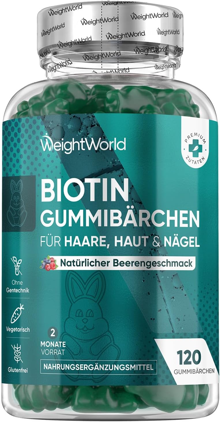 Biotin-Gummibärchen für Haut, Haare und Nägel – mit 5000 µg Biotin, Folsäure, Selen, Jod, Vitamin A, B12 und E – vegetarisch und ohne Gelatine – 120 Haargummibärchen 
