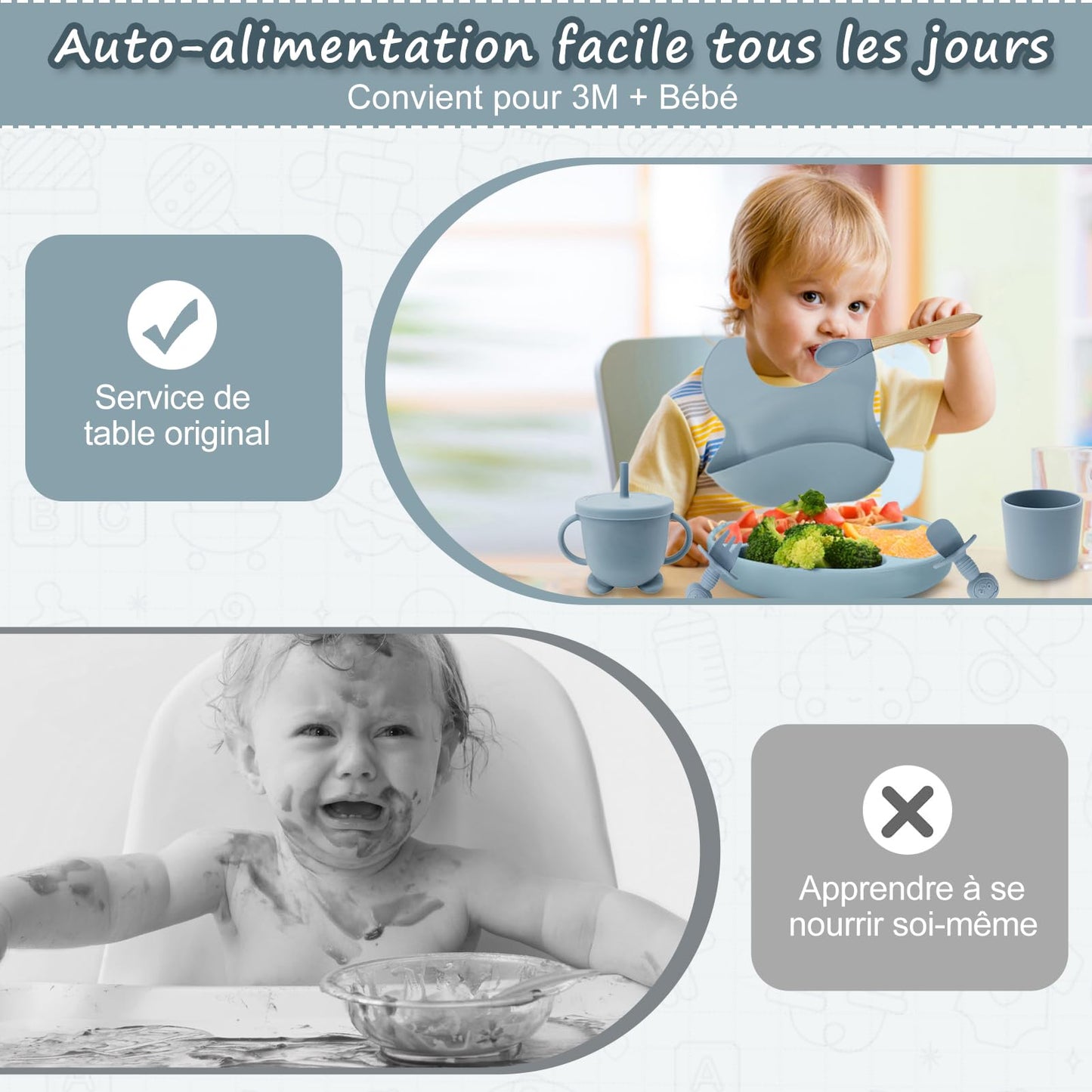 Ensemble de vaisselle pour bébé, ensemble de 12 couverts pour enfants, cuillère pour bébé, tasse à boire 