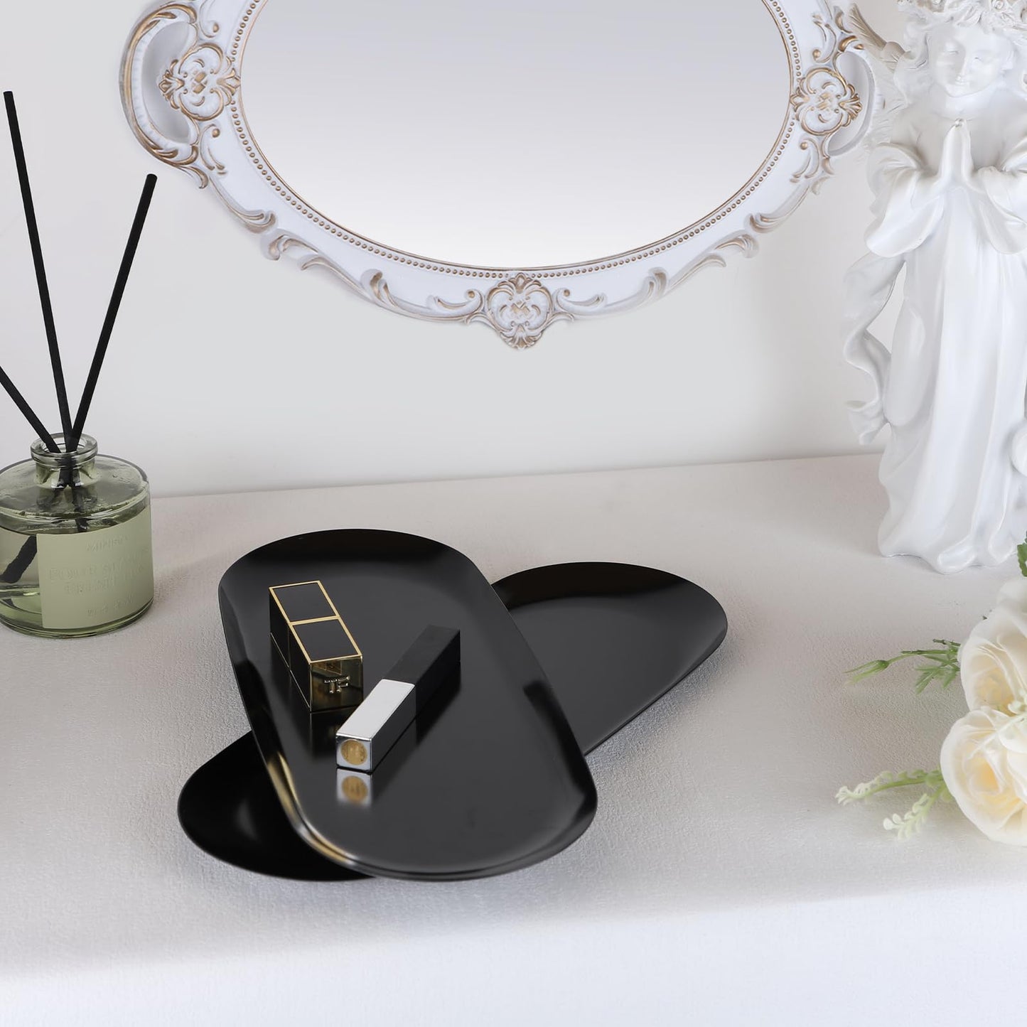 EXLECO 2 Badzimmer Deko Tablett Gold Servierplatte Mini Bad Dekotablett Edelstahl Serviertablett Schmuckschale Kerzentablett Oval Ablageschale für Schmuck Kerzen 