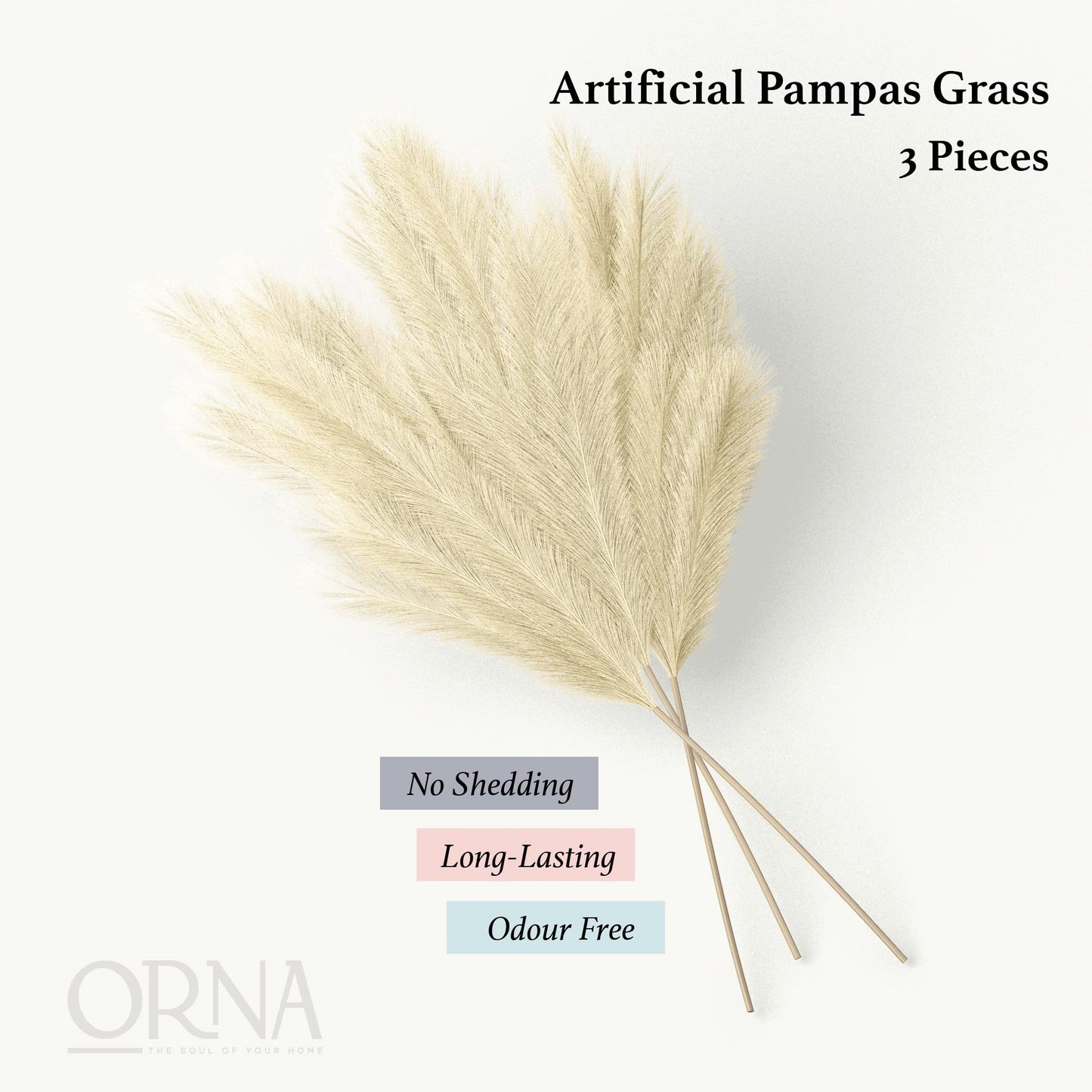 ORNA Künstliches Pampasgras, künstliche Blume, lange Zweige, extra flauschig, 114 cm hoch (3 Stängel x 20 Zweige) für moderne Wohndekoration 