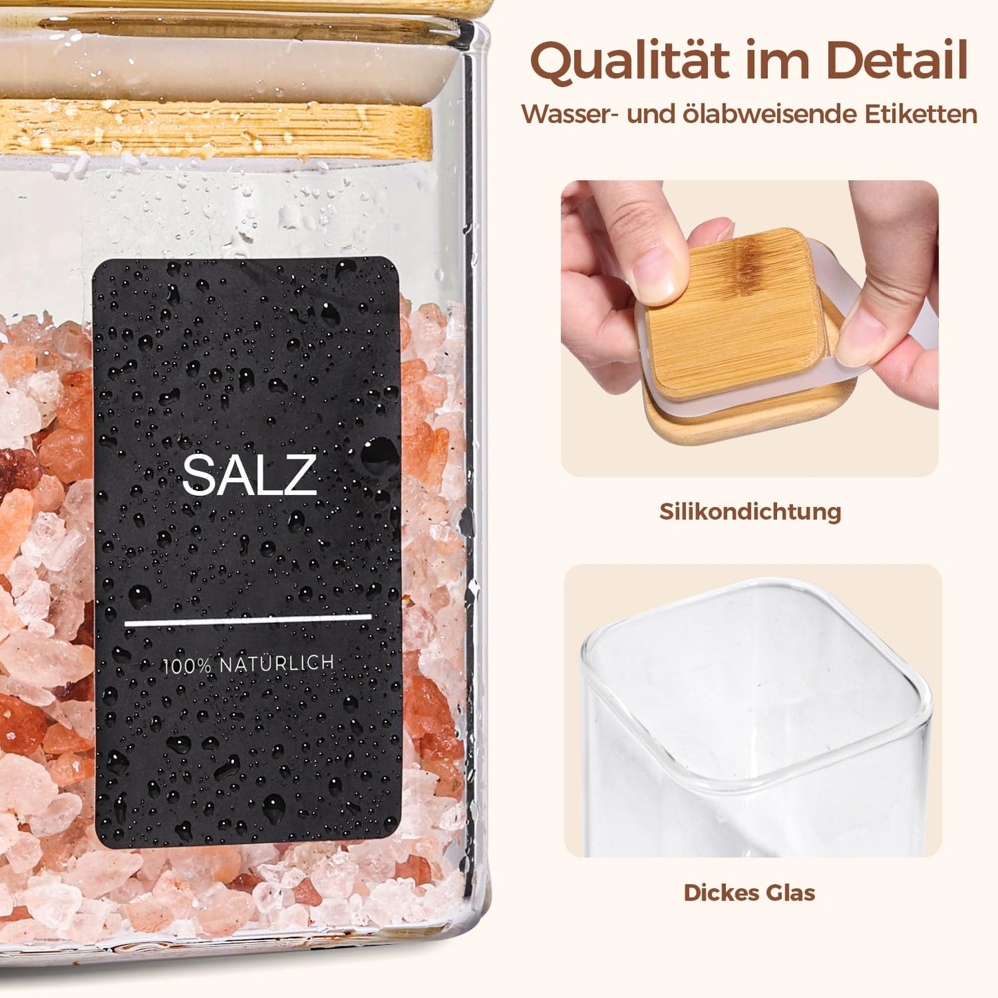 ComSaf Pot a Epices mit Etiketten, Pot Epices Verre Carrés mit Couvercle en Bois 