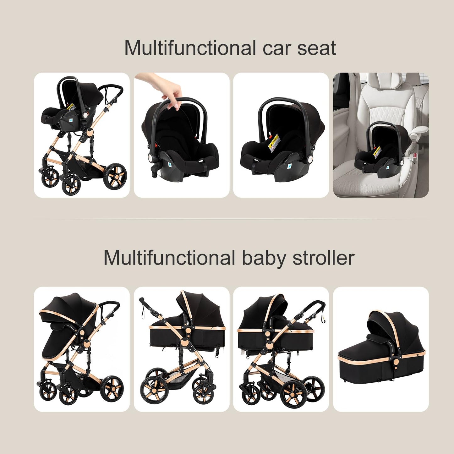 Reenborn 3-in-1 Kinderwagen, Buggy mit zwei umkehrbaren Schiebemodi, Kinderwagen mit Gestell aus Aluminiumlegierung, Babywagen, 3-in-1 Komplettset mit Ein-Klick-Faltmechanismus 