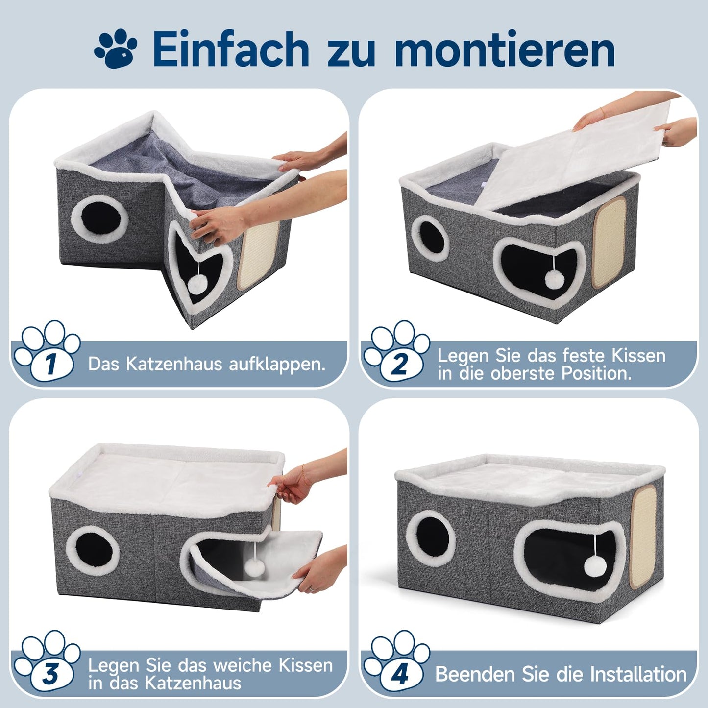 Faltbares Katzenhaus, mit Kratzbrett und Spielball, Katzenhaus Höhle für kleine und mittlere Haustiere 