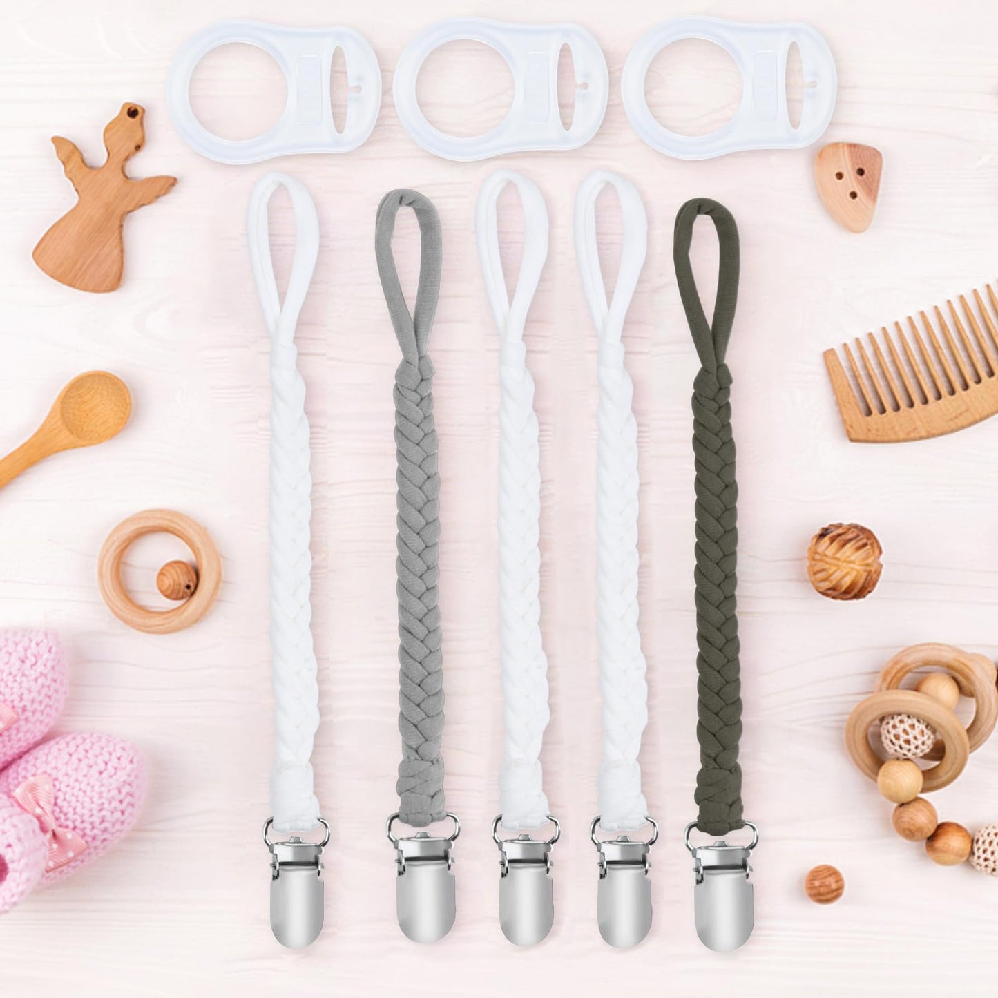 ABirdon Schnullerkette Baby,5 Stück Schnullerketten Clips mit 3 Stück Silikonring, passend für alle Schnuller 