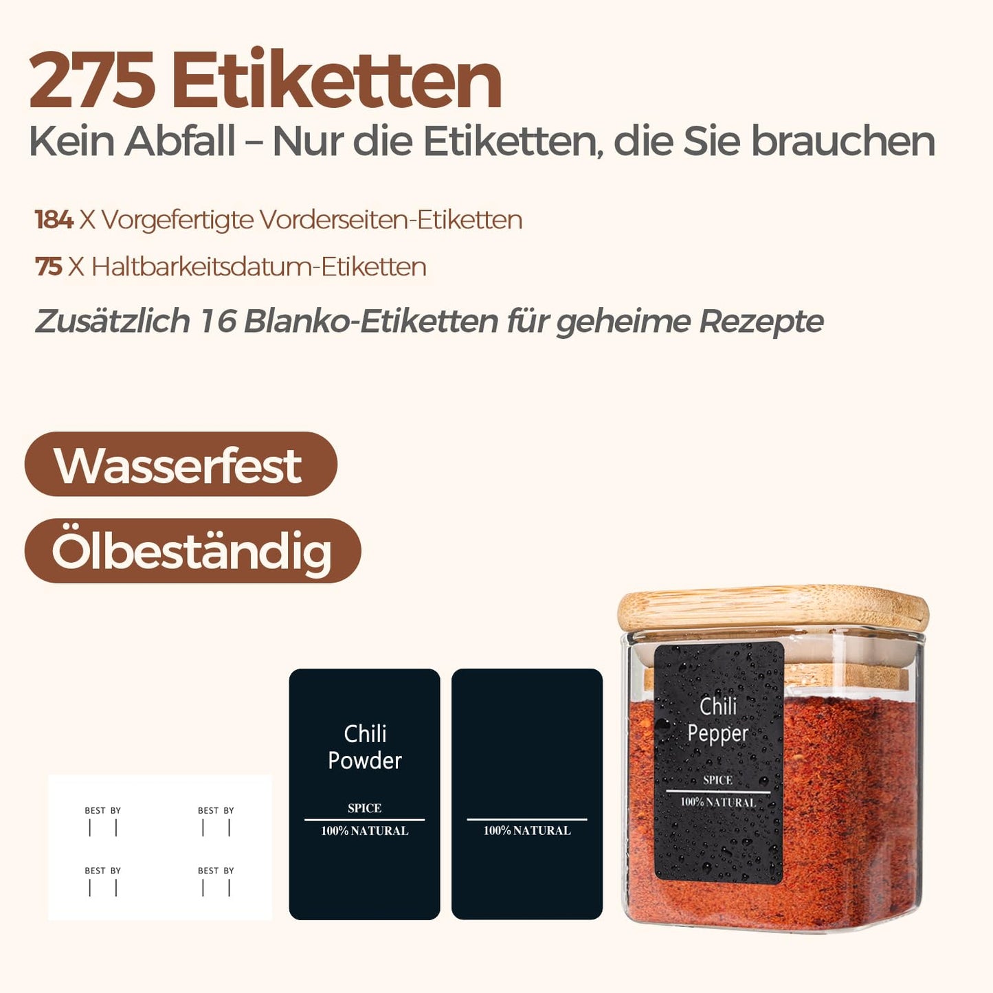 ComSaf Pot a Epices mit Etiketten, Pot Epices Verre Carrés mit Couvercle en Bois 