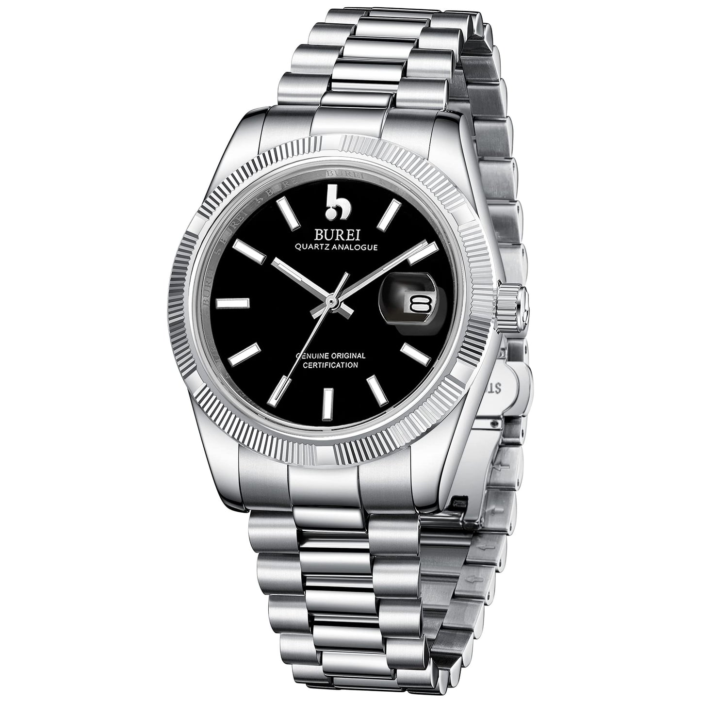 BUREI Herren Uhren Quarz Armbanduhr Datumsanzeige Saphirglas Objektiv mit Zwei Tönen Edelstahlband