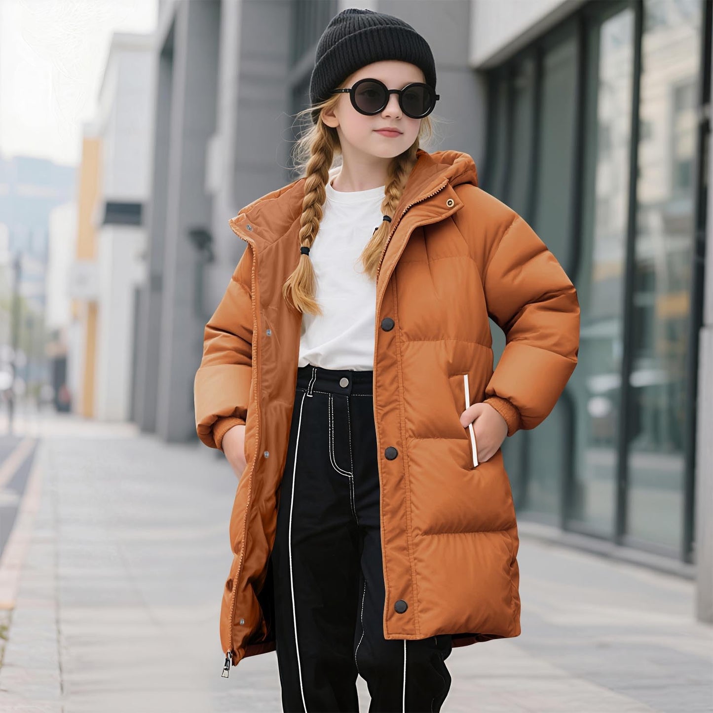 Wintermantel Mädchen Lang Daunenmantel, KODMNSW Warm Puffer Mantel Winterjacke mit Kapuze 