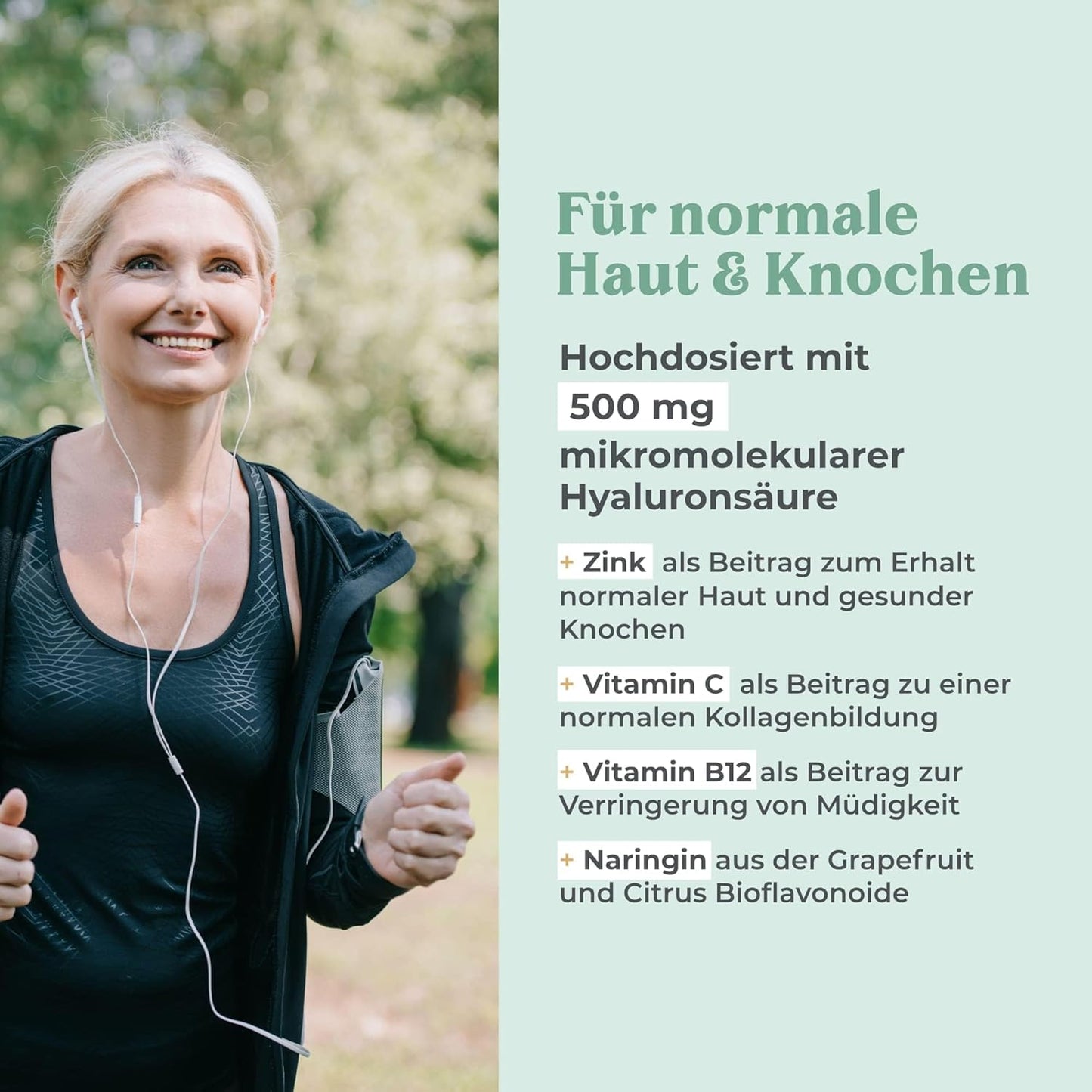 Hyaluronsäure Kapseln hochdosiert mit 500 mg pro Kapsel - 90 vegane mit Zink als Beitrag zum Erhalt normaler Haut und Knochen.