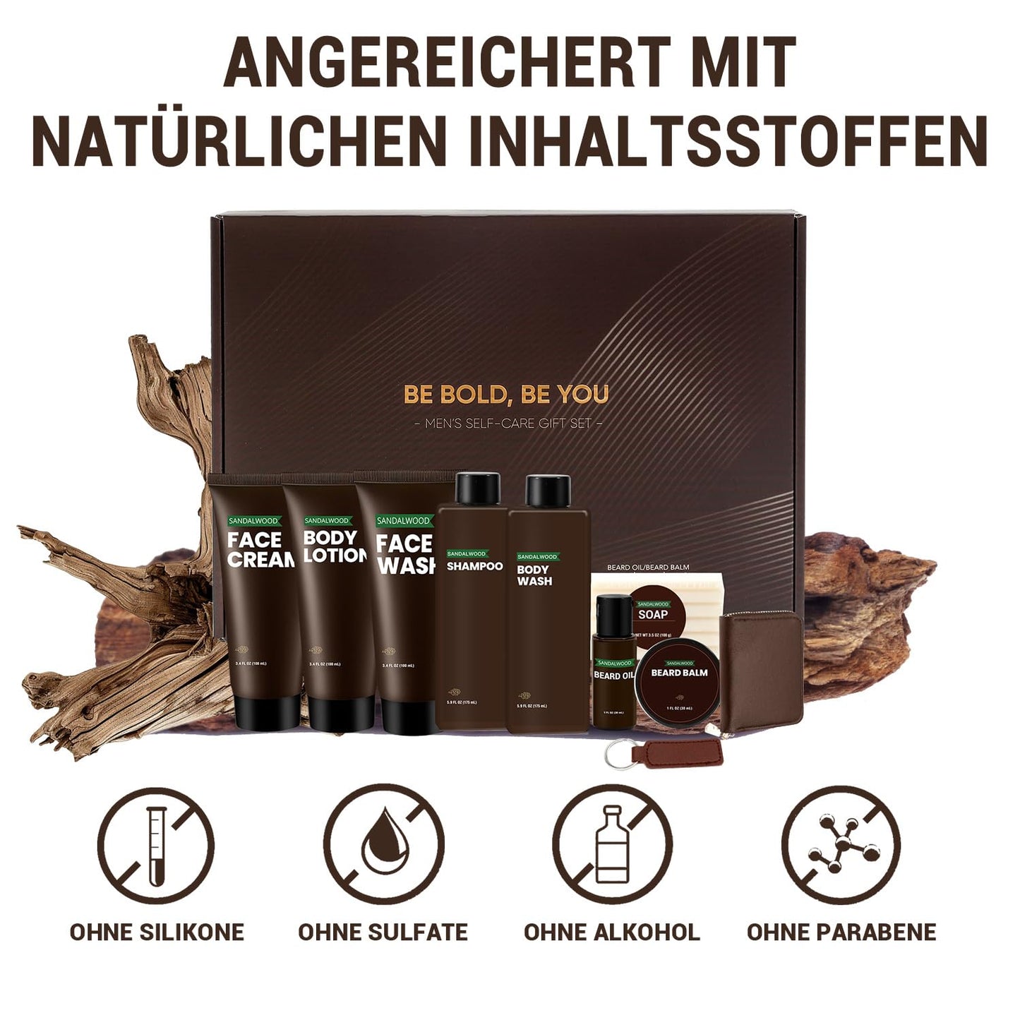 BODY &amp; EARTH Herrenpflege-Geschenkset Sandelholz, 10-teiliges Pflegeset mit Bartöl