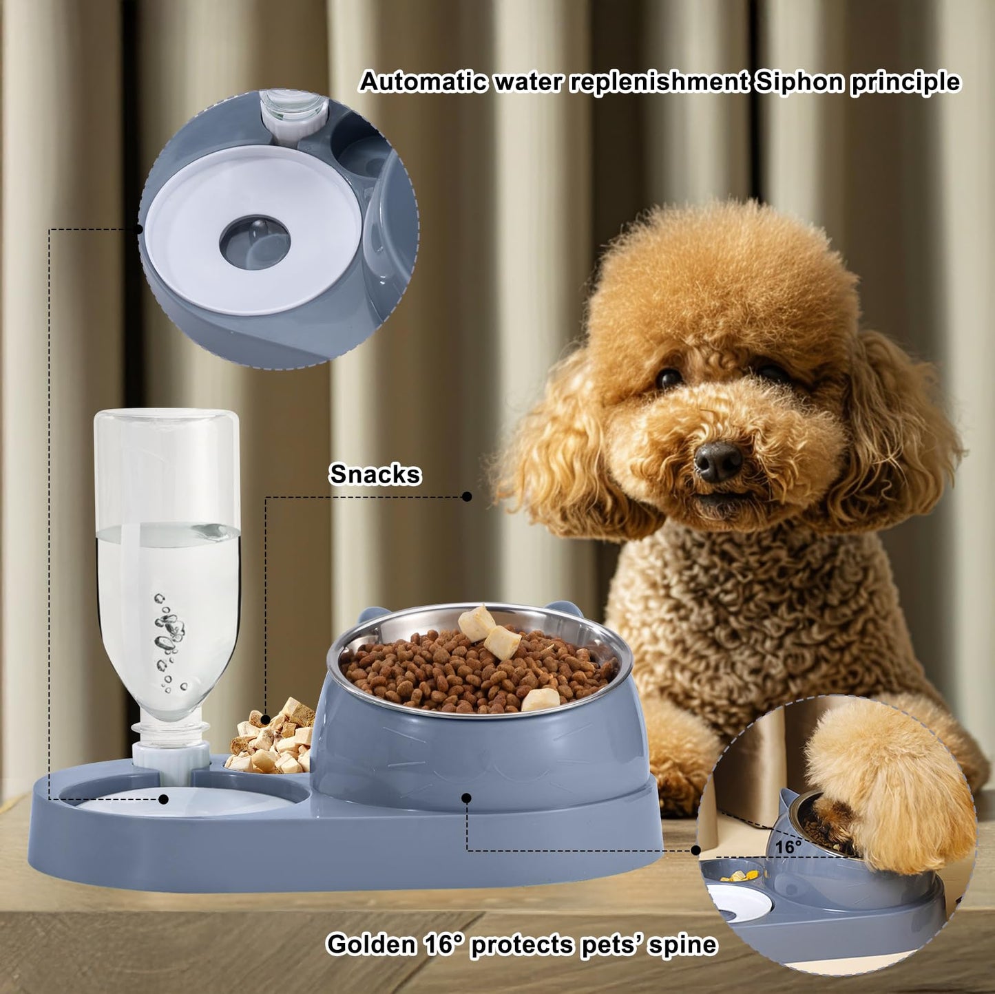 Katzenfutterstation mit automatischer Wasserflasche, 2-in-1 erhöhter Napf aus Edelstahl 