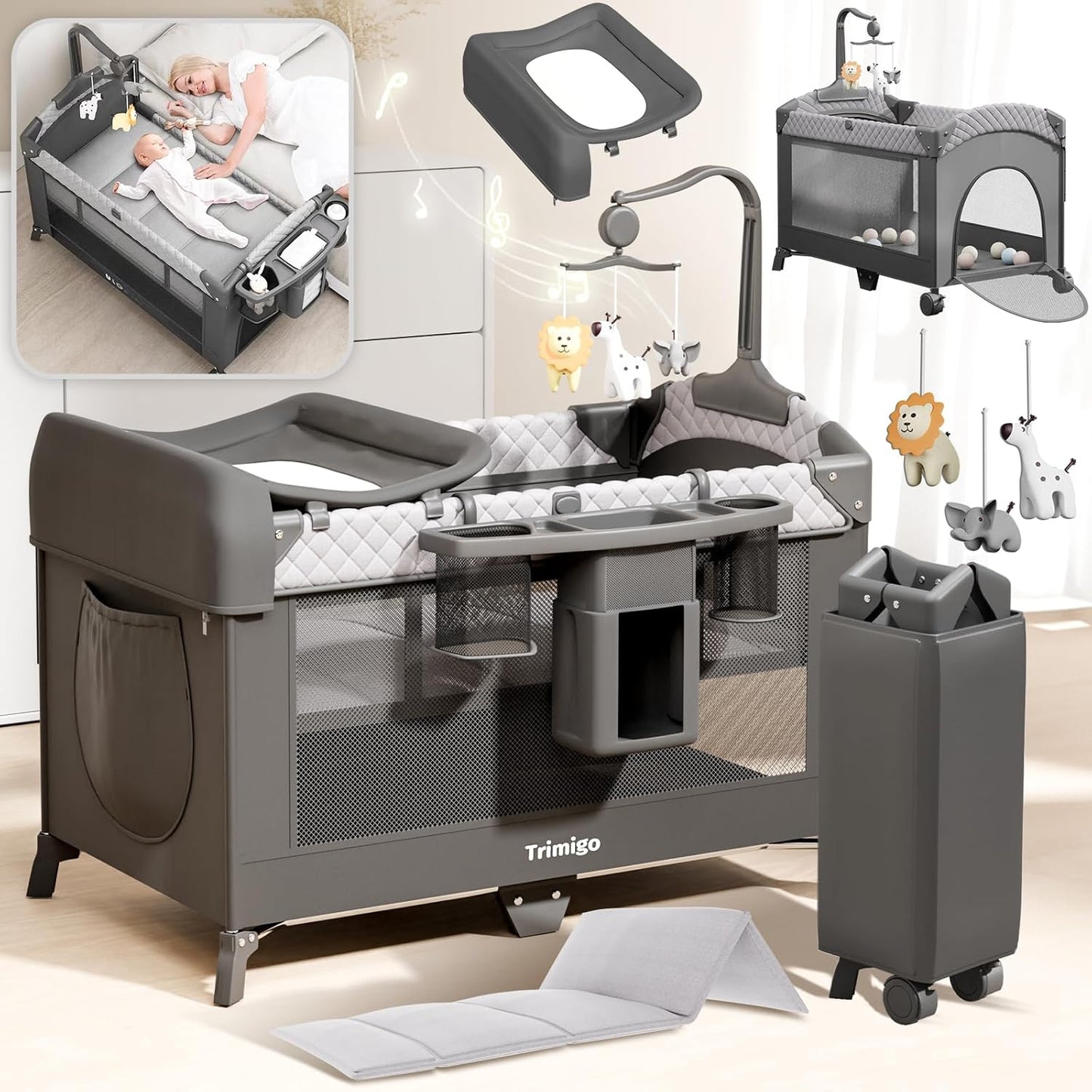 Trimigo 4-in-1 Babybett, Reisebett, höhenverstellbar, Kinder-Reisebett &amp; Beistellbett, 120 x 70 cm 