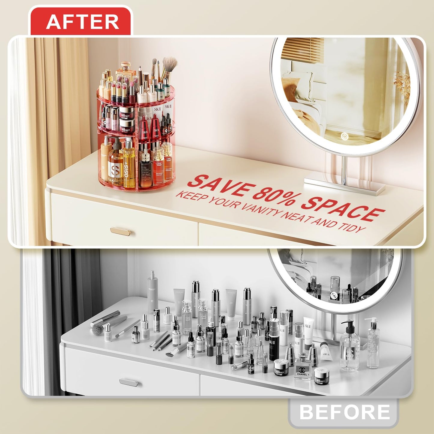 Auxmir Schminktisch Organizer mit 9 einstellbaren Stufen, Make Up Organizer 360° Drehbar, Extra Größer Kosmetik Hautpflege Organisieren 