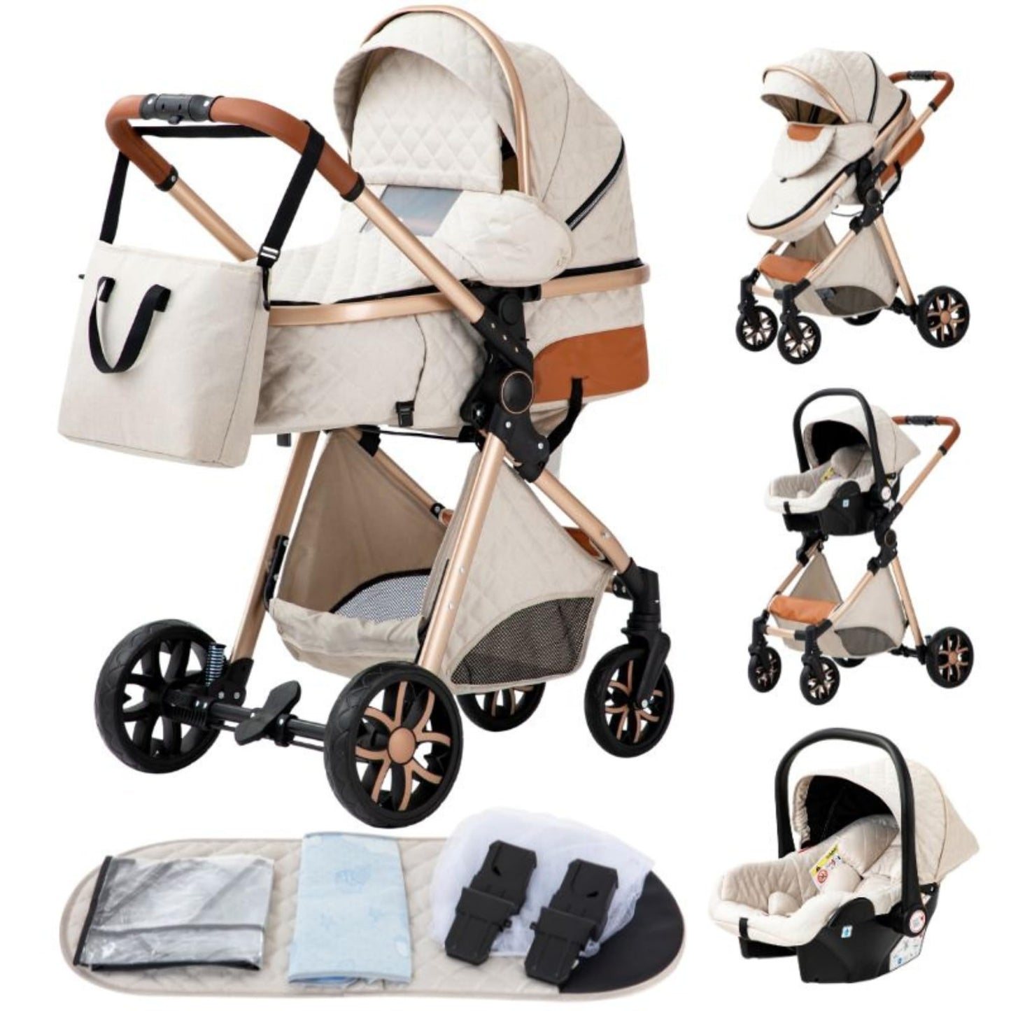 YAZOCO kinderwagen 3 in 1 Buggy Babybett Komplett Set Einem Klick Zusammenklappbarer Kinderwagen, KombiKinderwagen Aluminiumrahmen für Neugeborene 