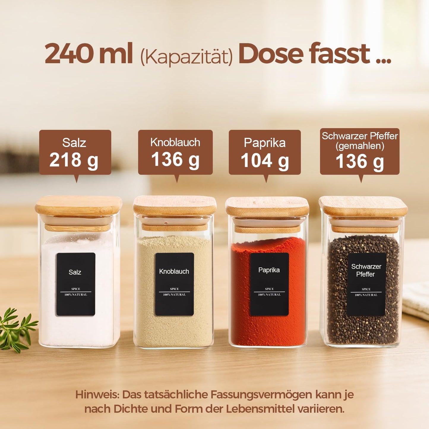 ComSaf Pot a Epices mit Etiketten, Pot Epices Verre Carrés mit Couvercle en Bois 
