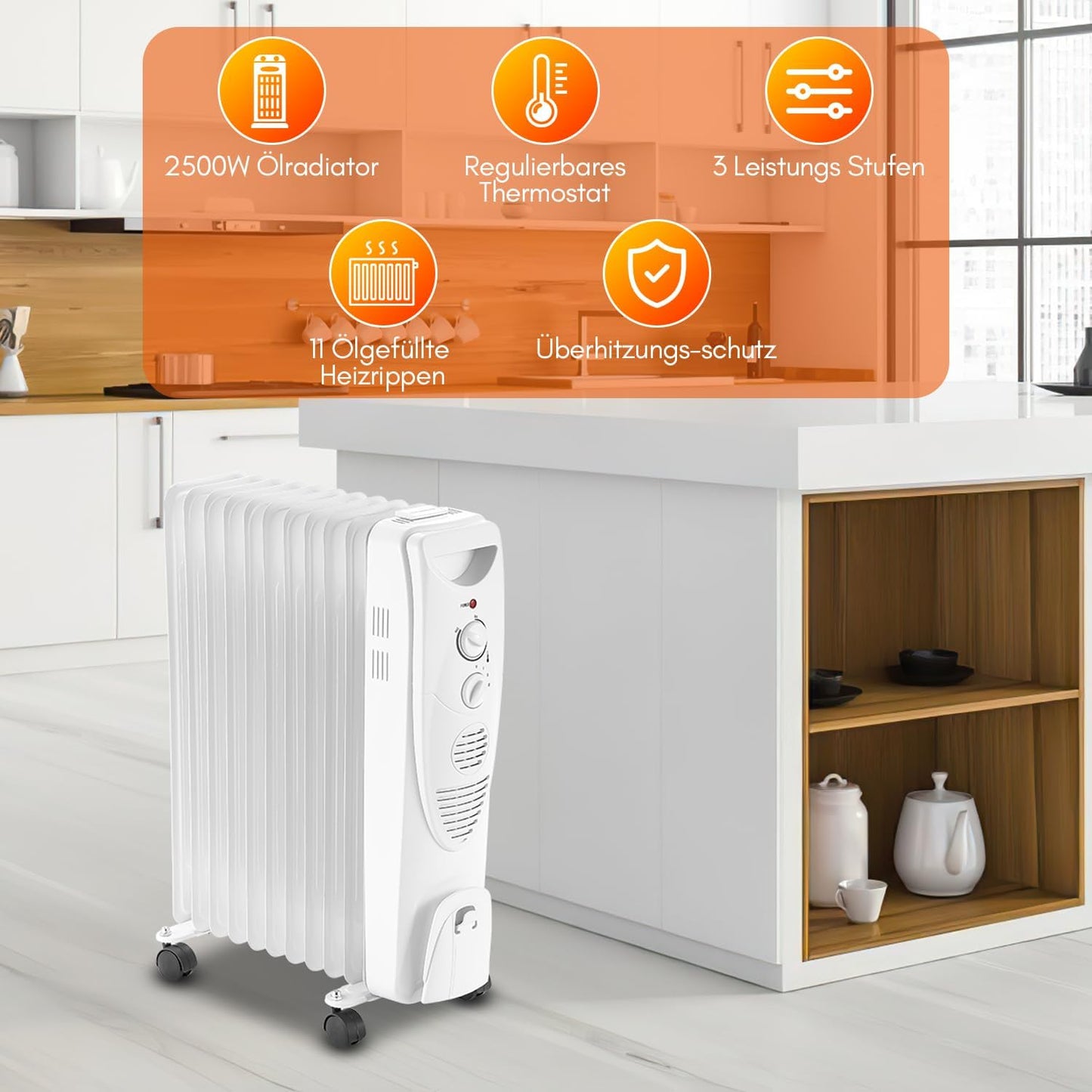 Fiqops Ölradiator 2500 W, energiesparend mit 11 Heizrippen, 3 Heizstufen, Thermostat, WLAN-App und Fernbedienung, Digitalanzeige
