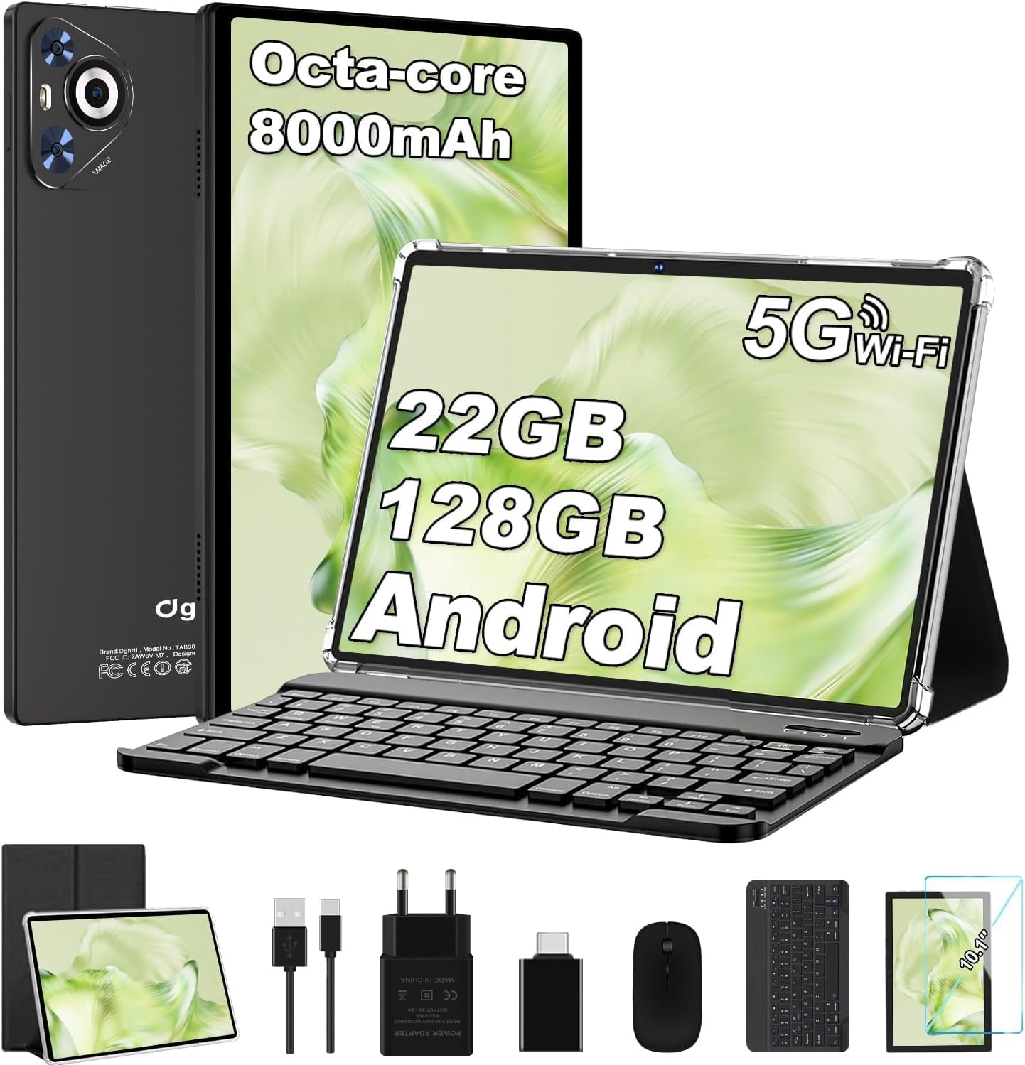 Tablet 10 Zoll Android 14, 22GB RAM 128GB ROM/TF 1TB, Octa-Core Prozessor, 8000mAh, BT5.0, 8MP+5MP, Dual WLAN, Face ID, Widevine L1, Augenschutz, Tablet mit Tastatur &amp; Maus Metallkörper-Schwarz 