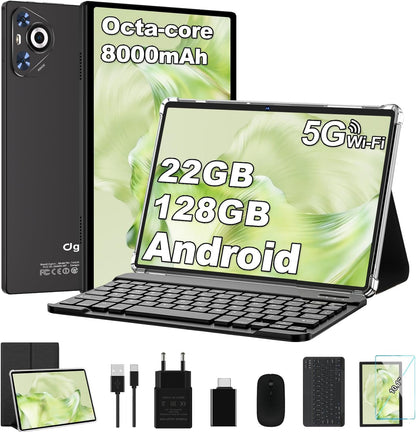 Tablet 10 Zoll Android 14, 22GB RAM 128GB ROM/TF 1TB, Octa-Core Prozessor, 8000mAh, BT5.0, 8MP+5MP, Dual WLAN, Face ID, Widevine L1, Augenschutz, Tablet mit Tastatur &amp; Maus Metallkörper-Schwarz 
