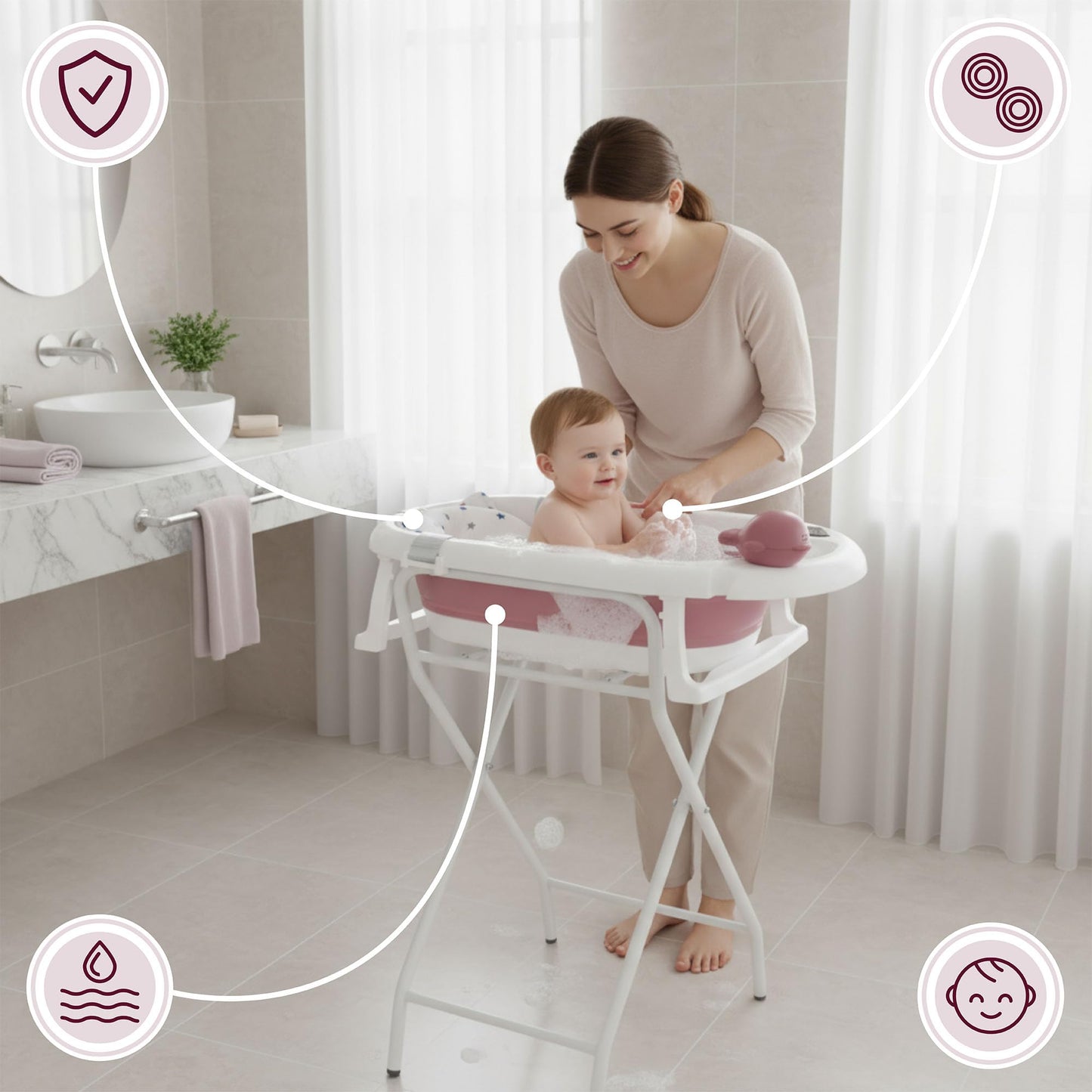 Faltbare Babybadewanne von Moby-System mit Einsatz, LCD-Thermometer und Rahmen – sicherer Halt ab Geburt, ergonomisch 