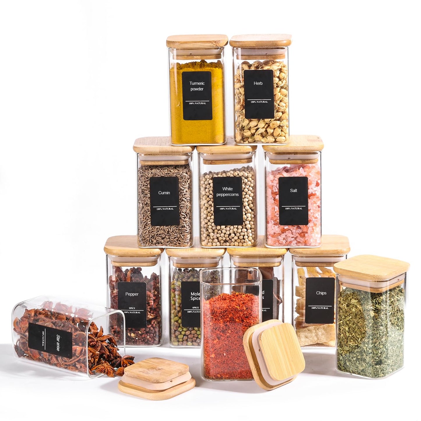 ComSaf Pot a Epices mit Etiketten, Pot Epices Verre Carrés mit Couvercle en Bois 
