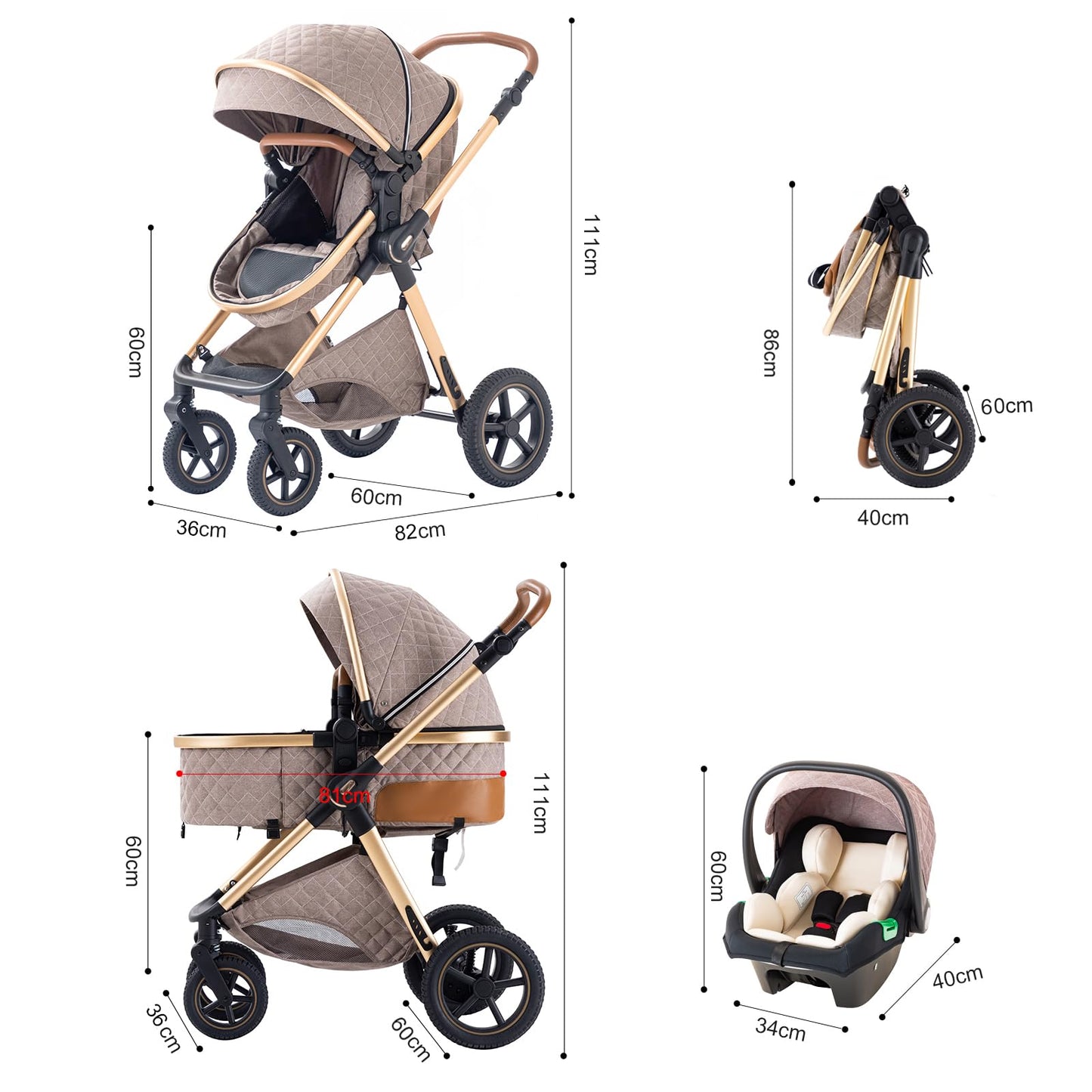 Shineey 3-in-1 Kinderwagen, Buggy, faltbarer Kinderwagen-Satz, Kombi-Kinderwagen 3-in-1 mit großer, komfortabler Babywanne, Gestell aus Aluminiumlegierung 