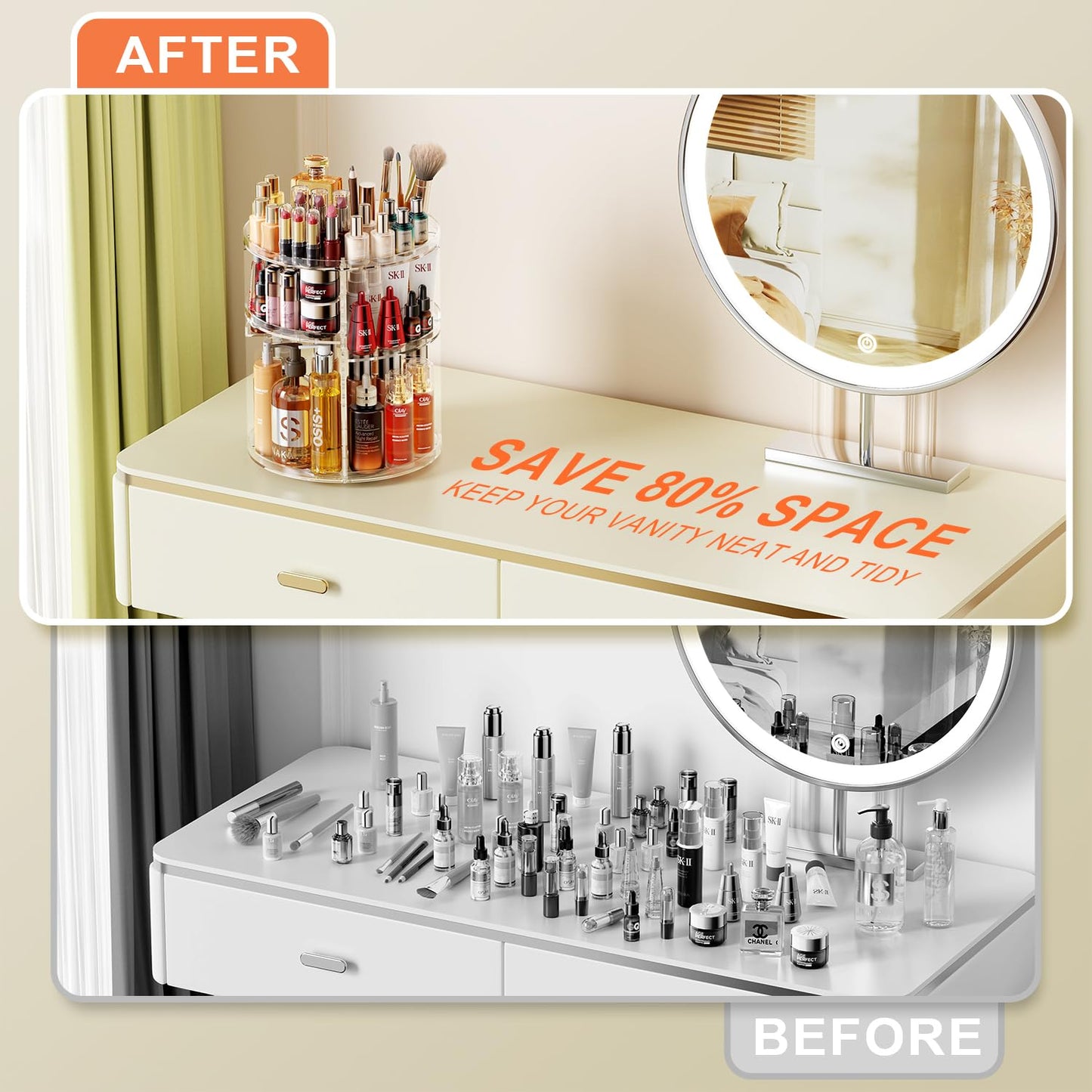 Auxmir Schminktisch Organizer mit 9 einstellbaren Stufen, Make Up Organizer 360° Drehbar, Extra Größer Kosmetik Hautpflege Organisieren 