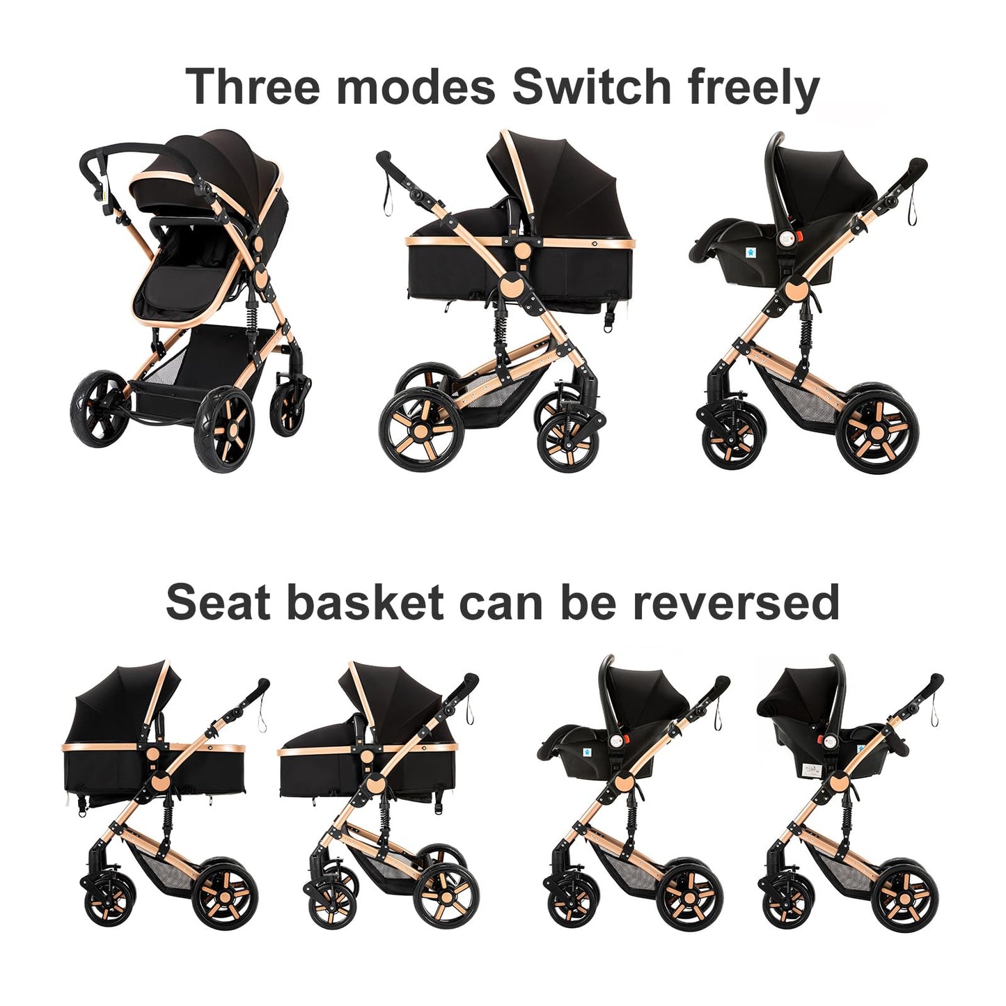 Reenborn 3-in-1 Kinderwagen, Buggy mit zwei umkehrbaren Schiebemodi, Kinderwagen mit Gestell aus Aluminiumlegierung, Babywagen, 3-in-1 Komplettset mit Ein-Klick-Faltmechanismus 