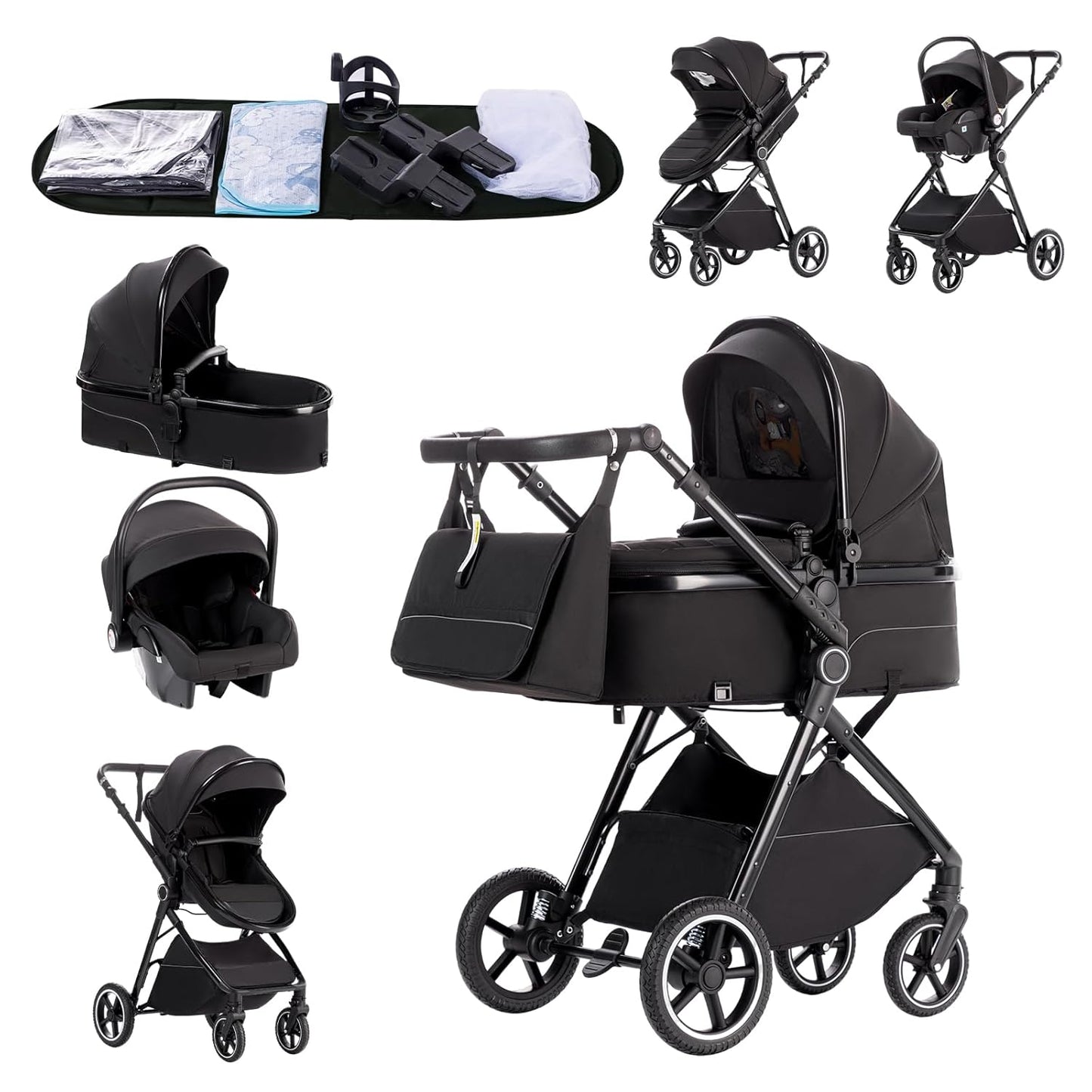 3-in-1 Kinderwagen-Set mit Sitz und faltbarem Babybett, verstellbare Liegeposition, bis 15 kg, 0-3 Jahre 