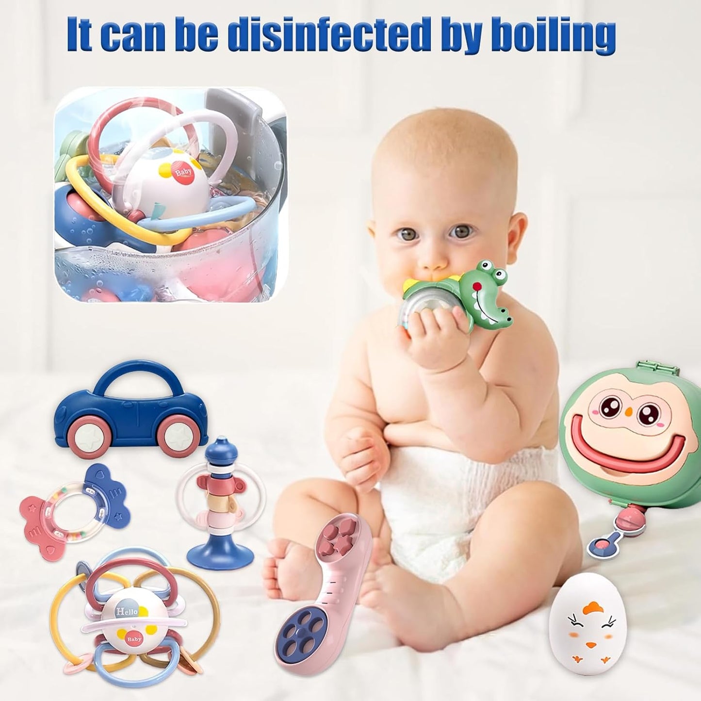 Gdbykds Montessori Baby-Rassel-Beißring-Set, 13-teilig 