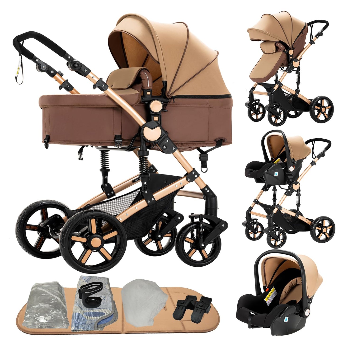 Reenborn 3-in-1 Kinderwagen, Buggy mit zwei umkehrbaren Schiebemodi, Kinderwagen mit Gestell aus Aluminiumlegierung, Babywagen, 3-in-1 Komplettset mit Ein-Klick-Faltmechanismus 