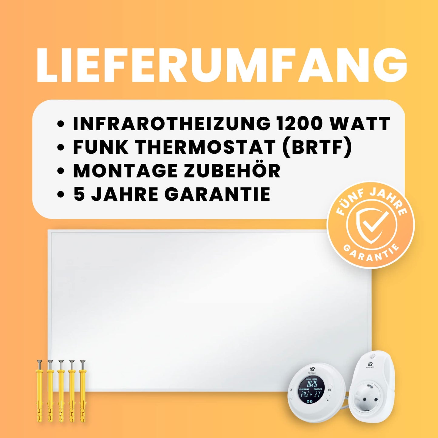 BR Bringer Infrarotheizung, 600 Watt, elektrische Infrarotheizung, energiesparend, TÜV GS-geprüft, deutsche Qualitätsmarke 