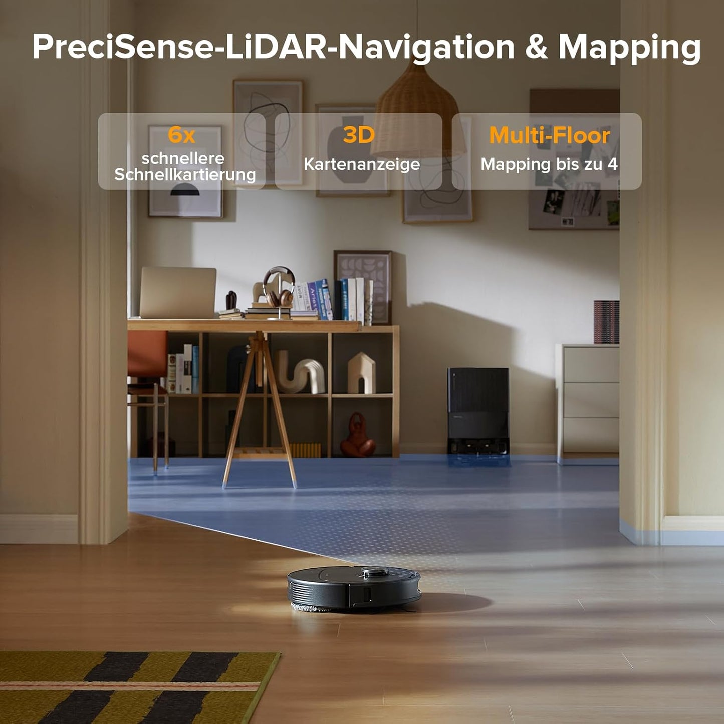 Aspirateur robot avec fonction d'essuyage, puissance d'aspiration 8000 Pa, brosse latérale anti-emmêlement, évitement d'obstacles 