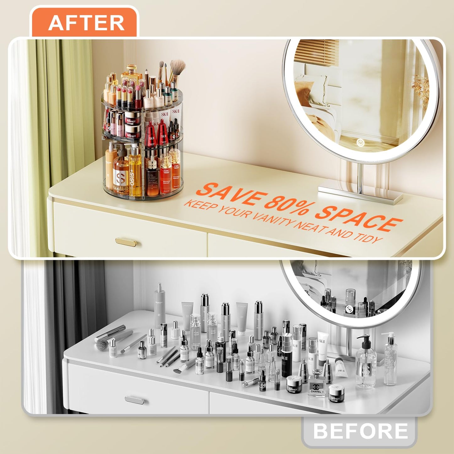 Auxmir Schminktisch Organizer mit 9 einstellbaren Stufen, Make Up Organizer 360° Drehbar, Extra Größer Kosmetik Hautpflege Organisieren 