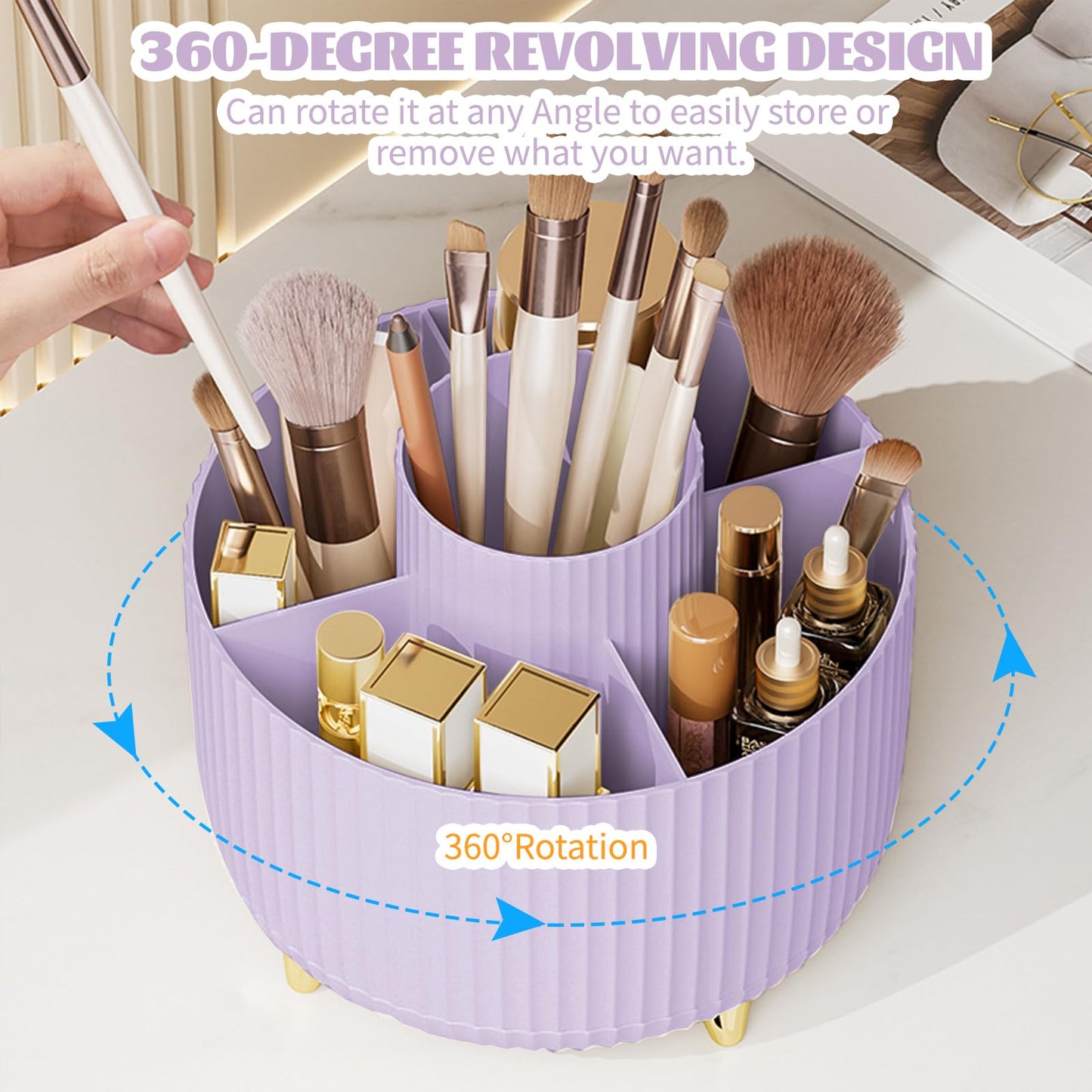 Make up Organizer 360° Drehbar, Pinselhalter Kosmetik Aufbewahrung mit 5 Fächern, Aesthetic Schminktisch Organizers für Zimmer Decor Frisiertisch 
