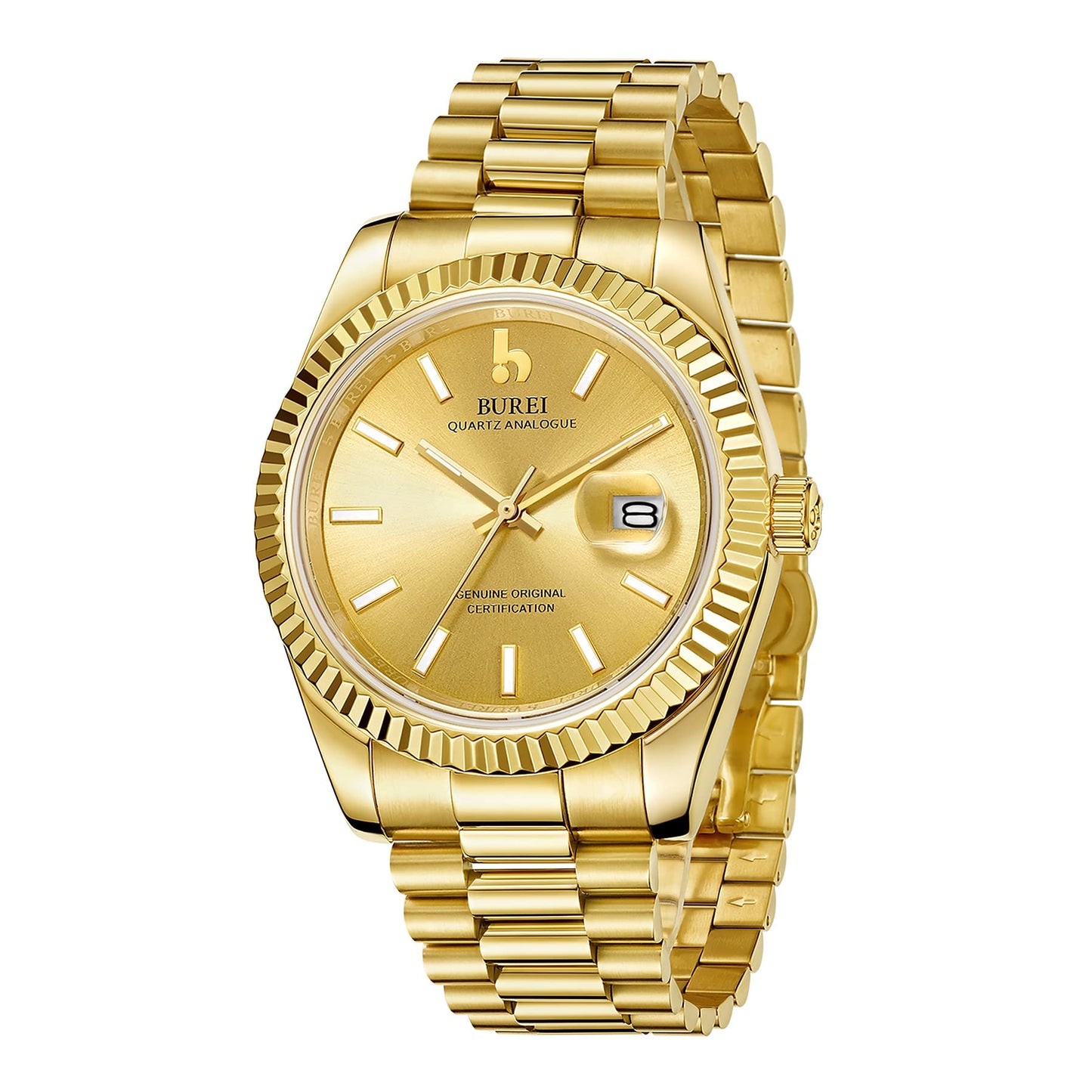 BUREI Herren Uhren Quarz Armbanduhr Datumsanzeige Saphirglas Objektiv mit Zwei Tönen Edelstahlband