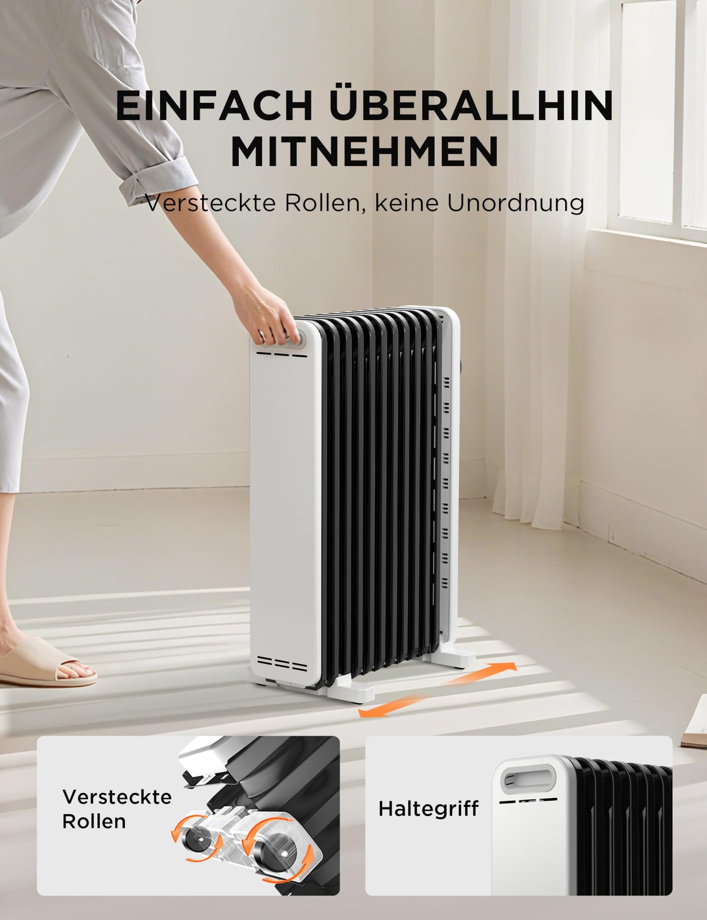2300W 11 Rippen tragbarer Elektroheizer mit Drehknopfregelung und einstellbarem Thermostat, 3 Heizstufen, Kipp- und Überhitzungsschutz, ultraleicht im Büro &amp; Zuhause
