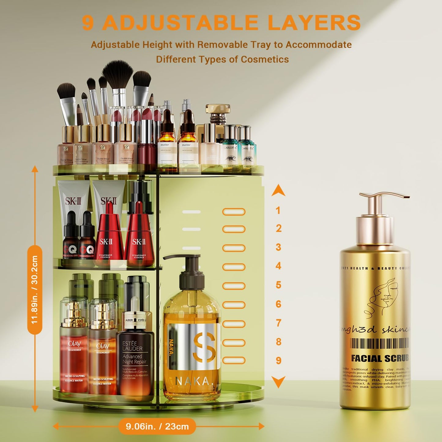 Auxmir Schminktisch Organizer mit 9 einstellbaren Stufen, Make Up Organizer 360° Drehbar, Extra Größer Kosmetik Hautpflege Organisieren 